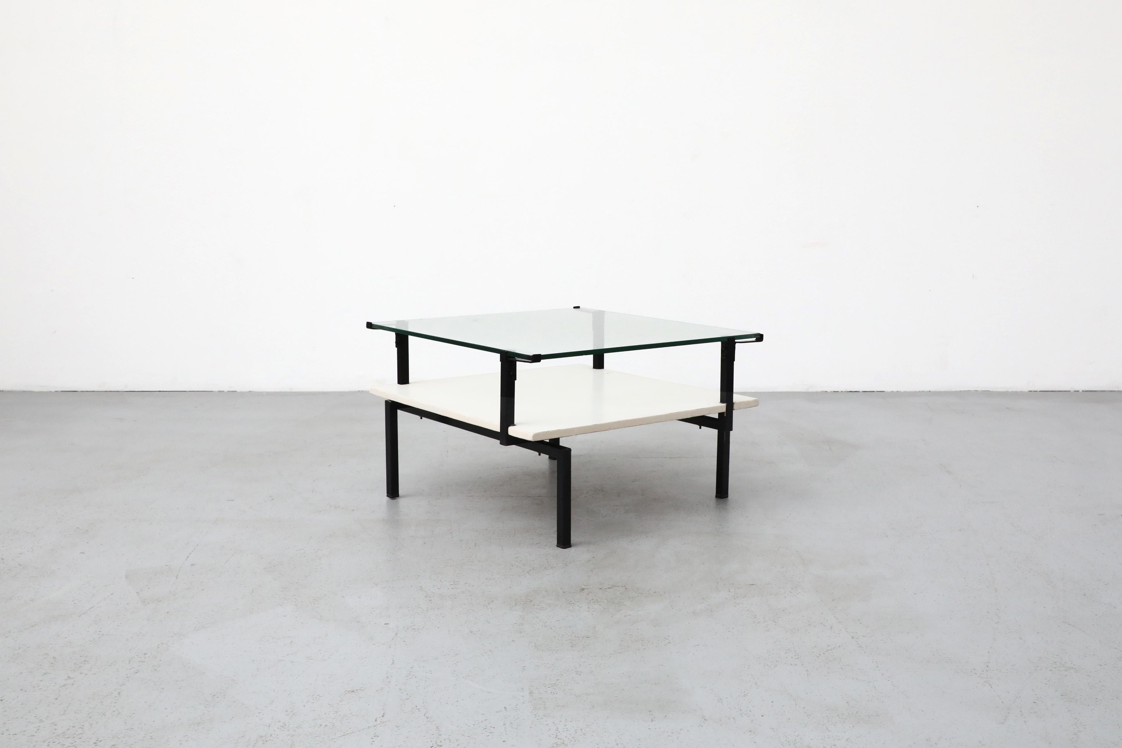 Enameled Bauhaus Coffee Table with Asymmetric Frame, Lower Shelf and Glass Top For Sale