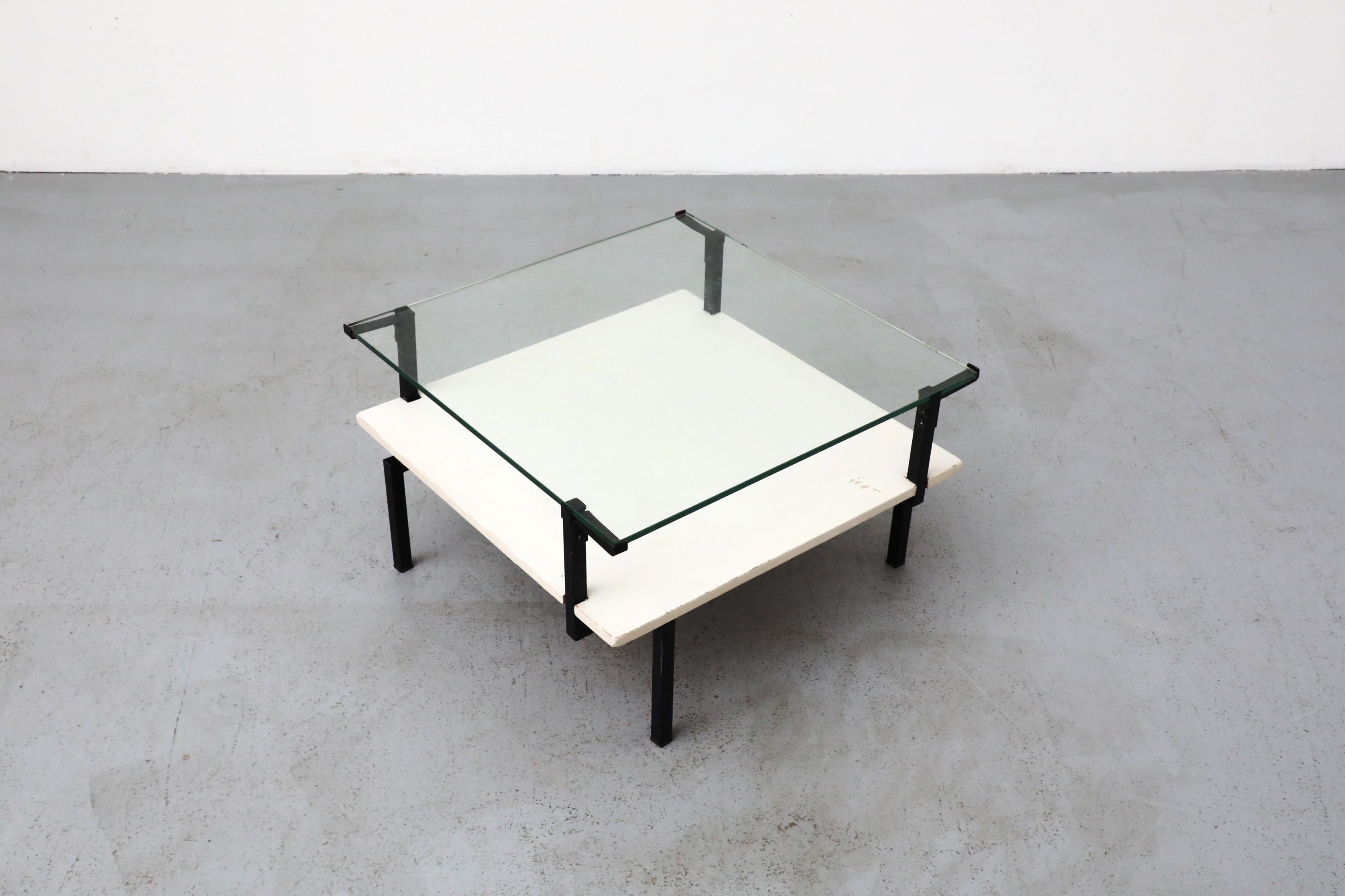 Metal Bauhaus Coffee Table with Asymmetric Frame, Lower Shelf and Glass Top For Sale