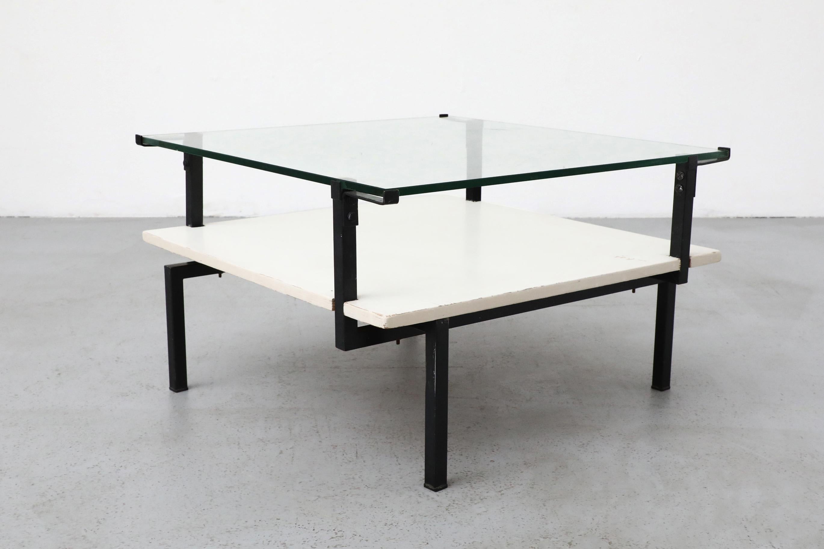 Bauhaus Coffee Table with Asymmetric Frame, Lower Shelf and Glass Top For Sale 1