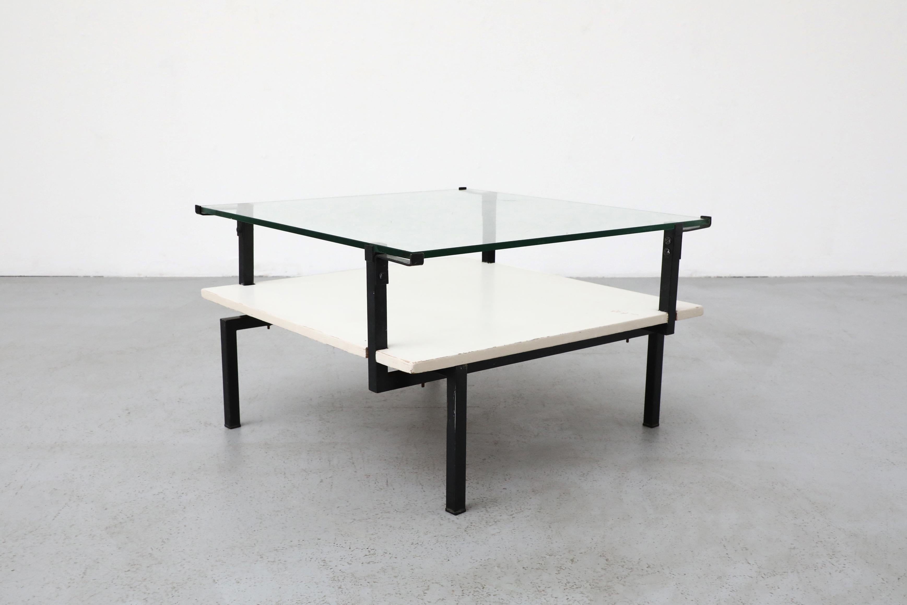 Bauhaus Coffee Table with Asymmetric Frame, Lower Shelf and Glass Top For Sale 2