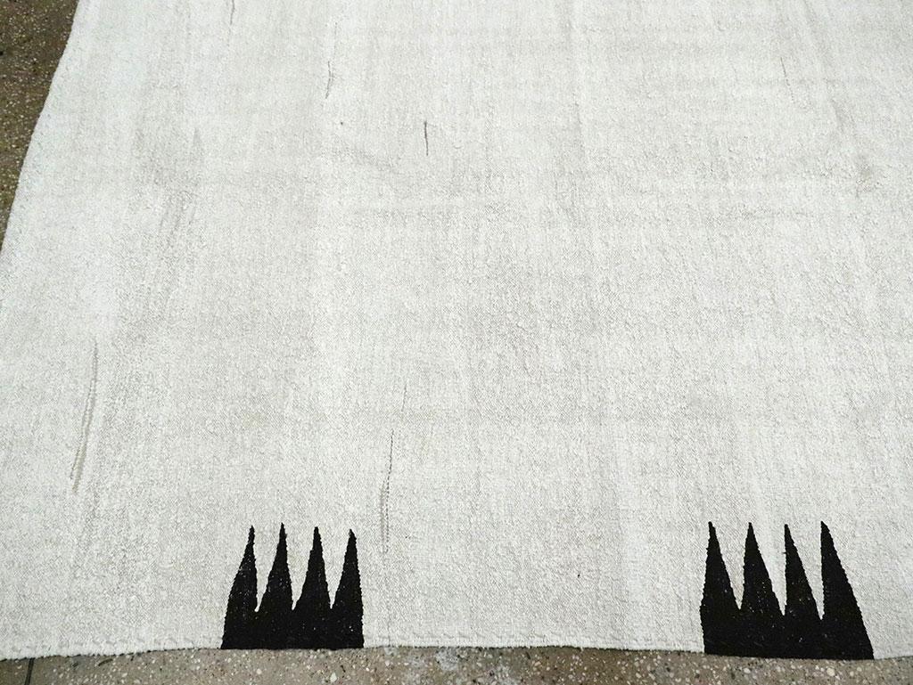 Hemp Bauhaus Contemporary Turkish Flatweave Kilim Room Size Carpet in White and Black For Sale