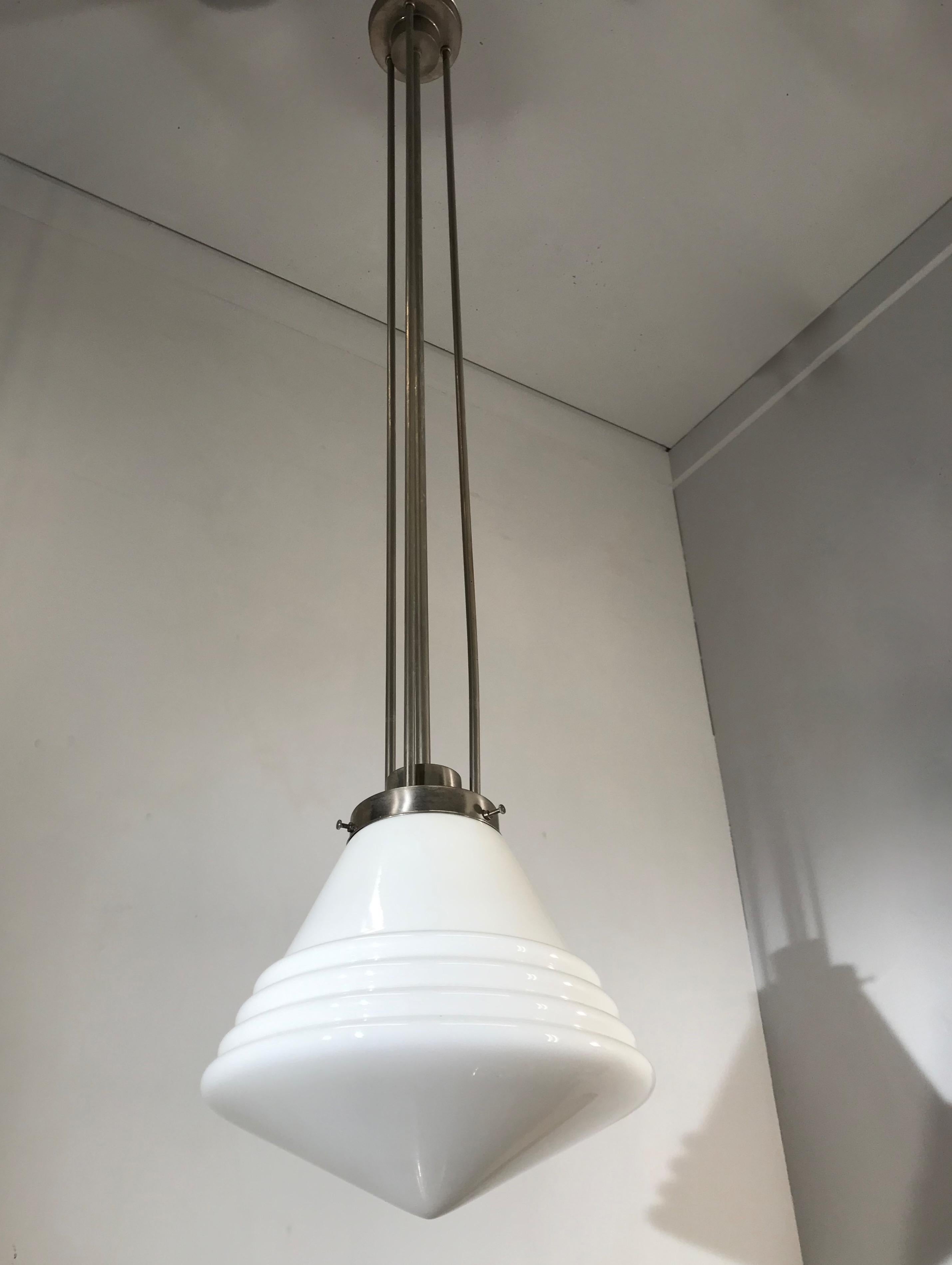 Hand-Crafted Bauhaus Design and Art Deco Style Chrome and Opaline Glass Pendant Light