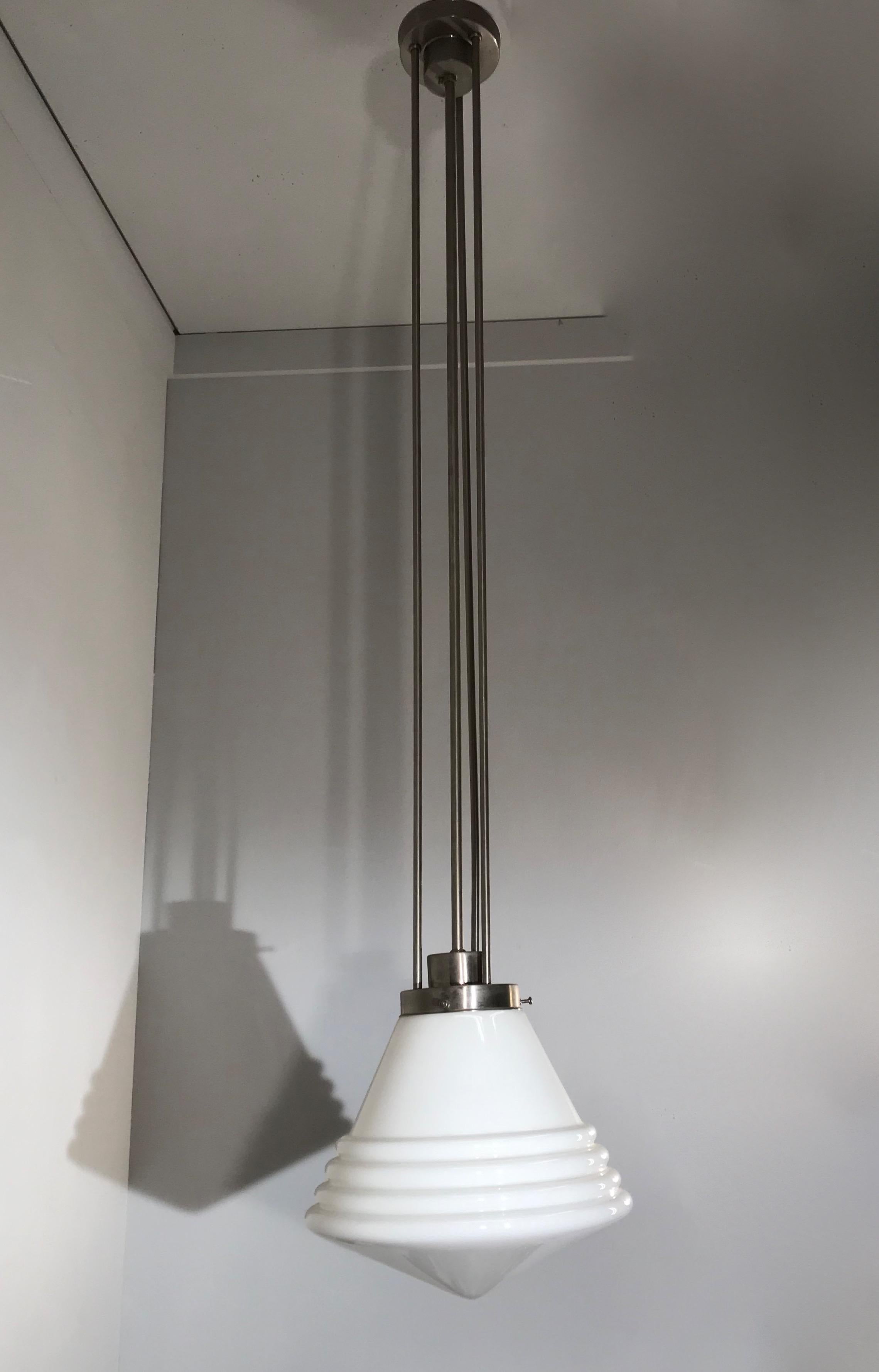 Bauhaus Design and Art Deco Style Chrome and Opaline Glass Pendant Light In Good Condition In Lisse, NL