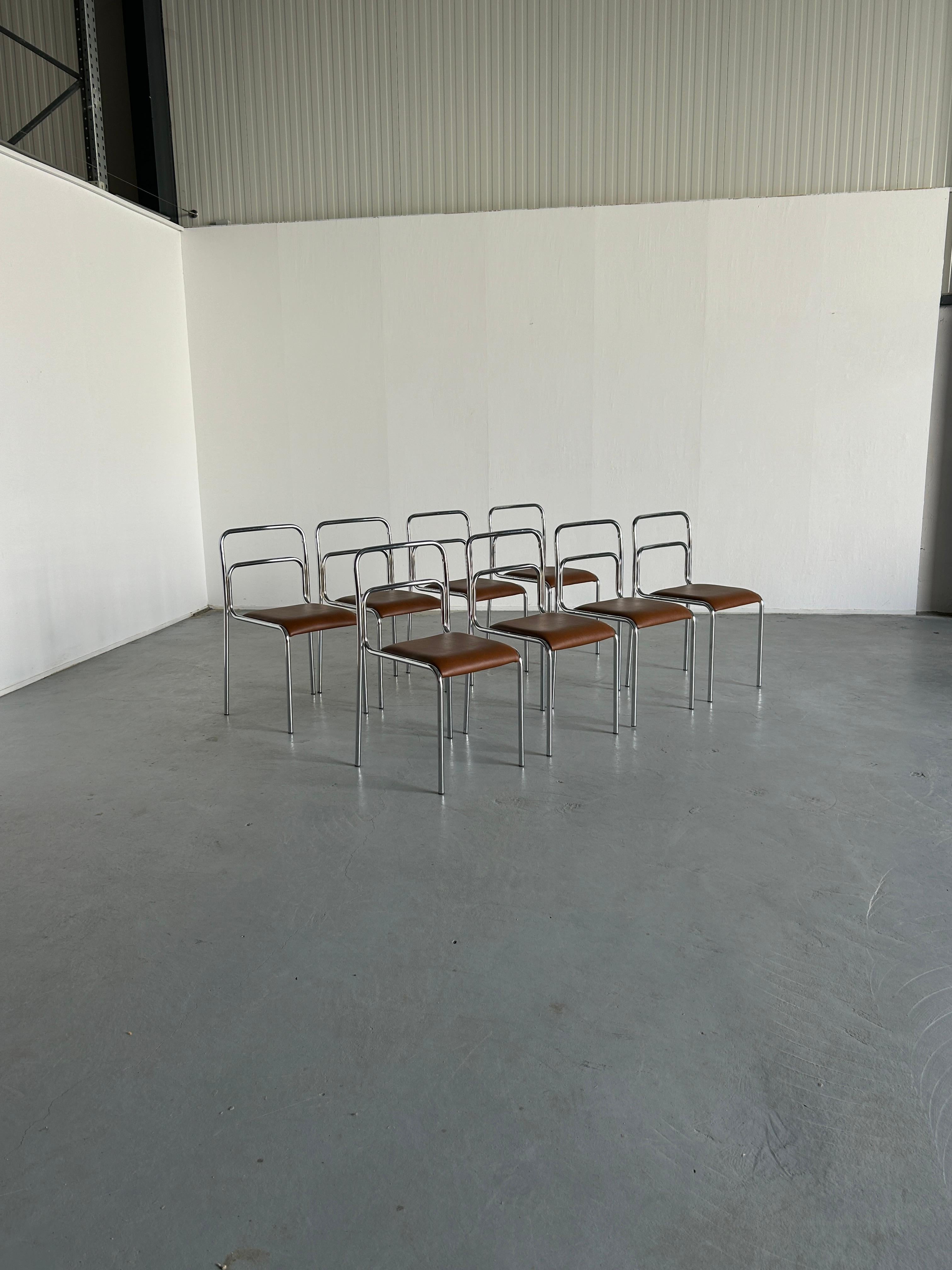 Late 20th Century Bauhaus Design Chairs in Chrome Tubular Steel and Brown Faux Leather, 1980s For Sale