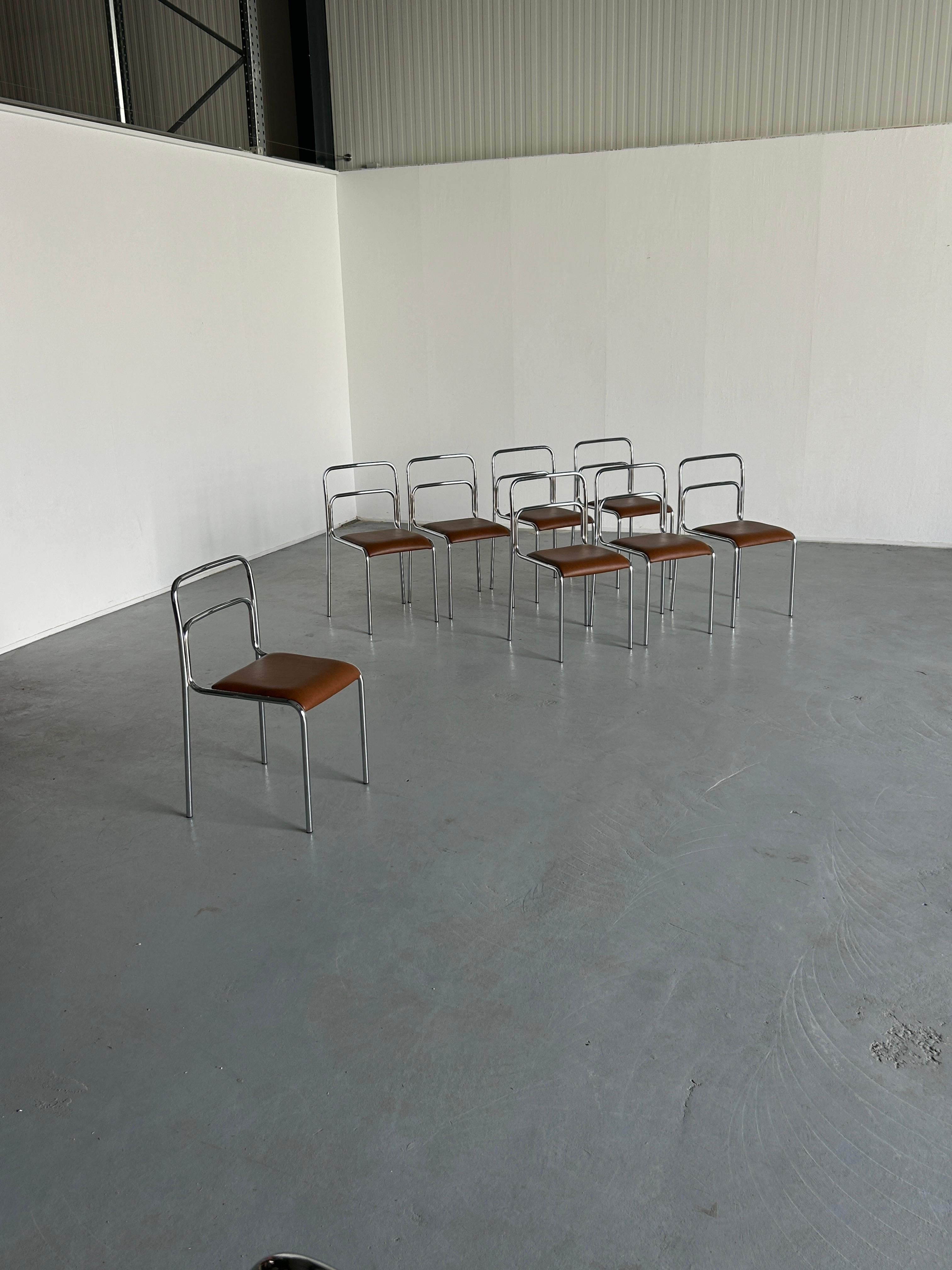 Bauhaus Design Chairs in Chrome Tubular Steel and Brown Faux Leather, 1980s For Sale 1