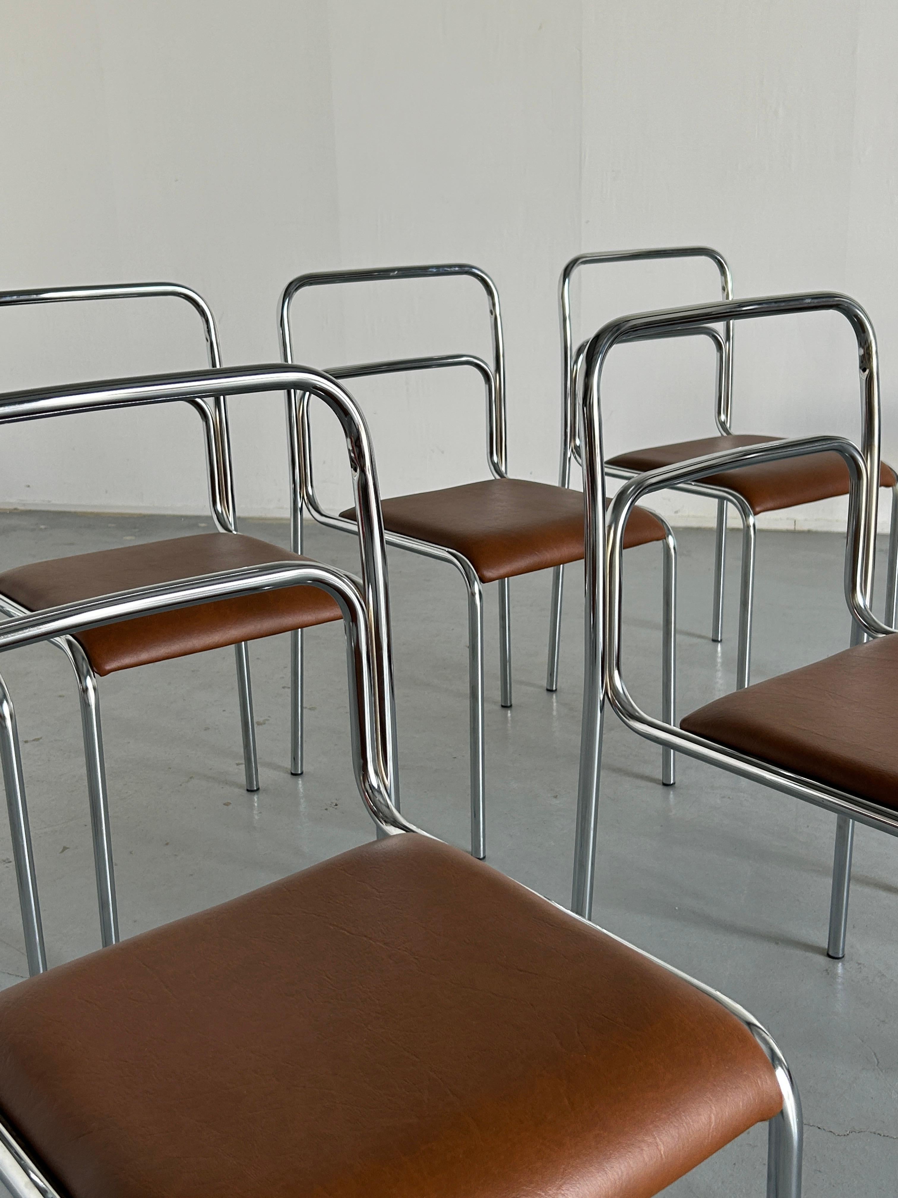 Bauhaus Design Chairs in Chrome Tubular Steel and Brown Faux Leather, 1980s For Sale 4
