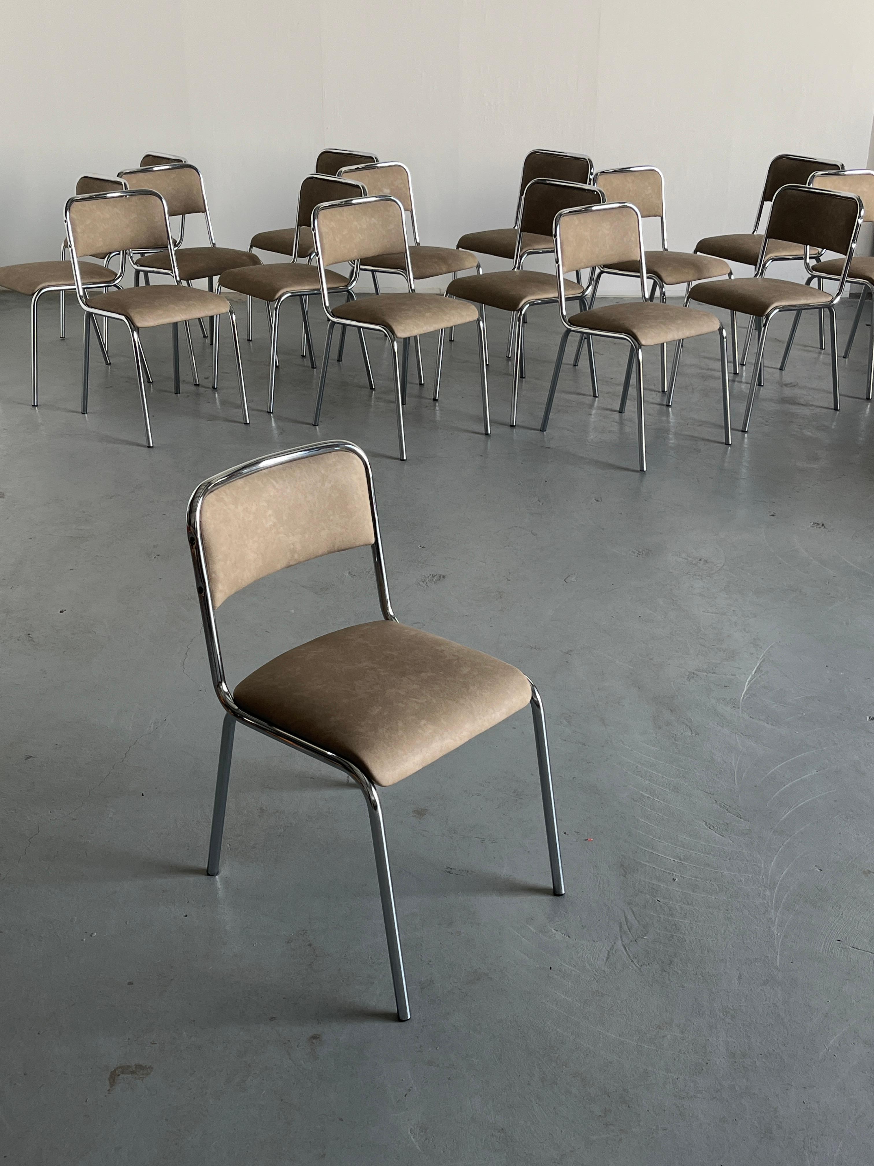 Italian Bauhaus Design Chrome Tubular Steel and Beige Faux Leather Dining Chairs, 1980s