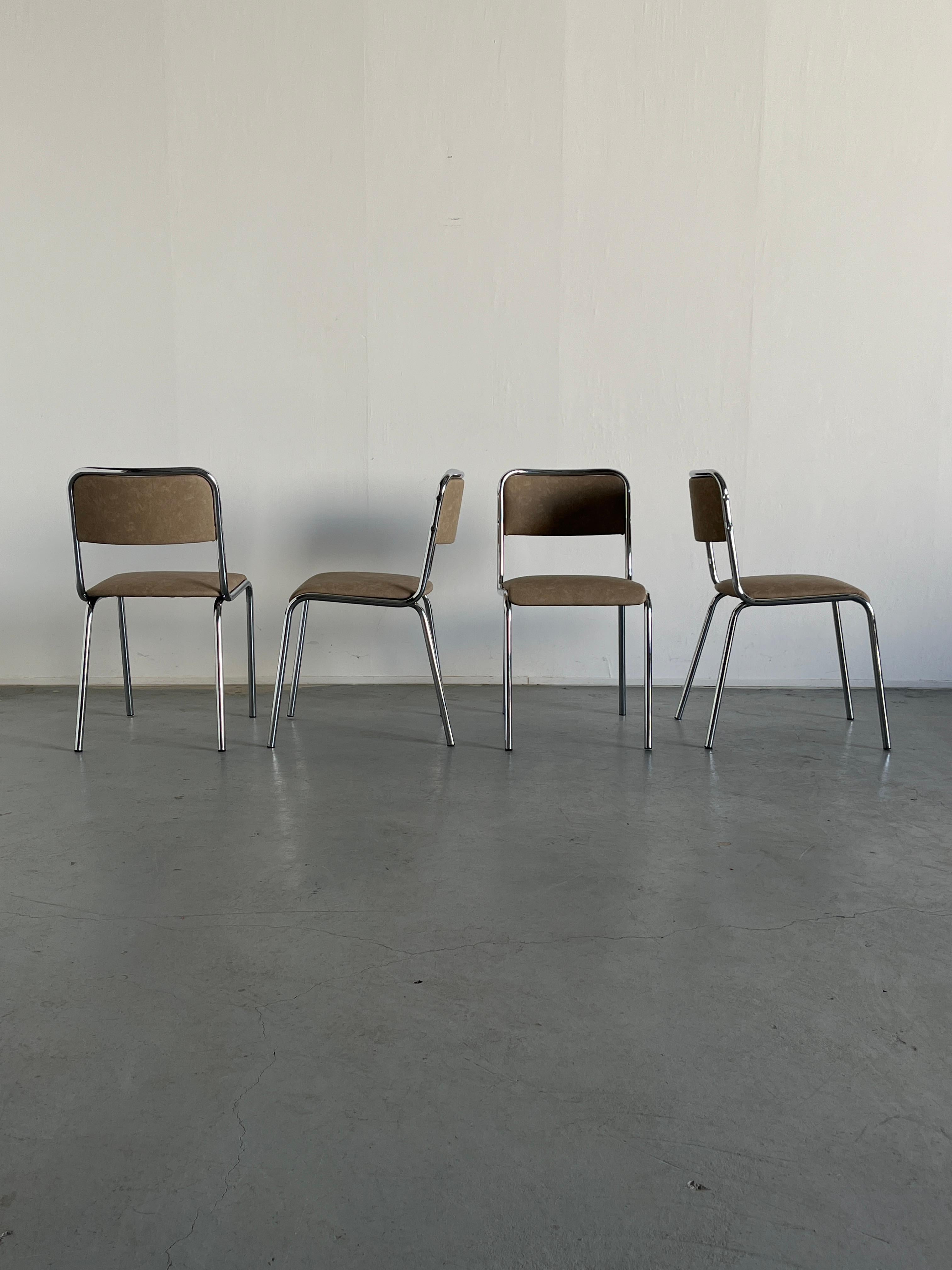 Late 20th Century Bauhaus Design Chrome Tubular Steel and Beige Faux Leather Dining Chairs, 1980s