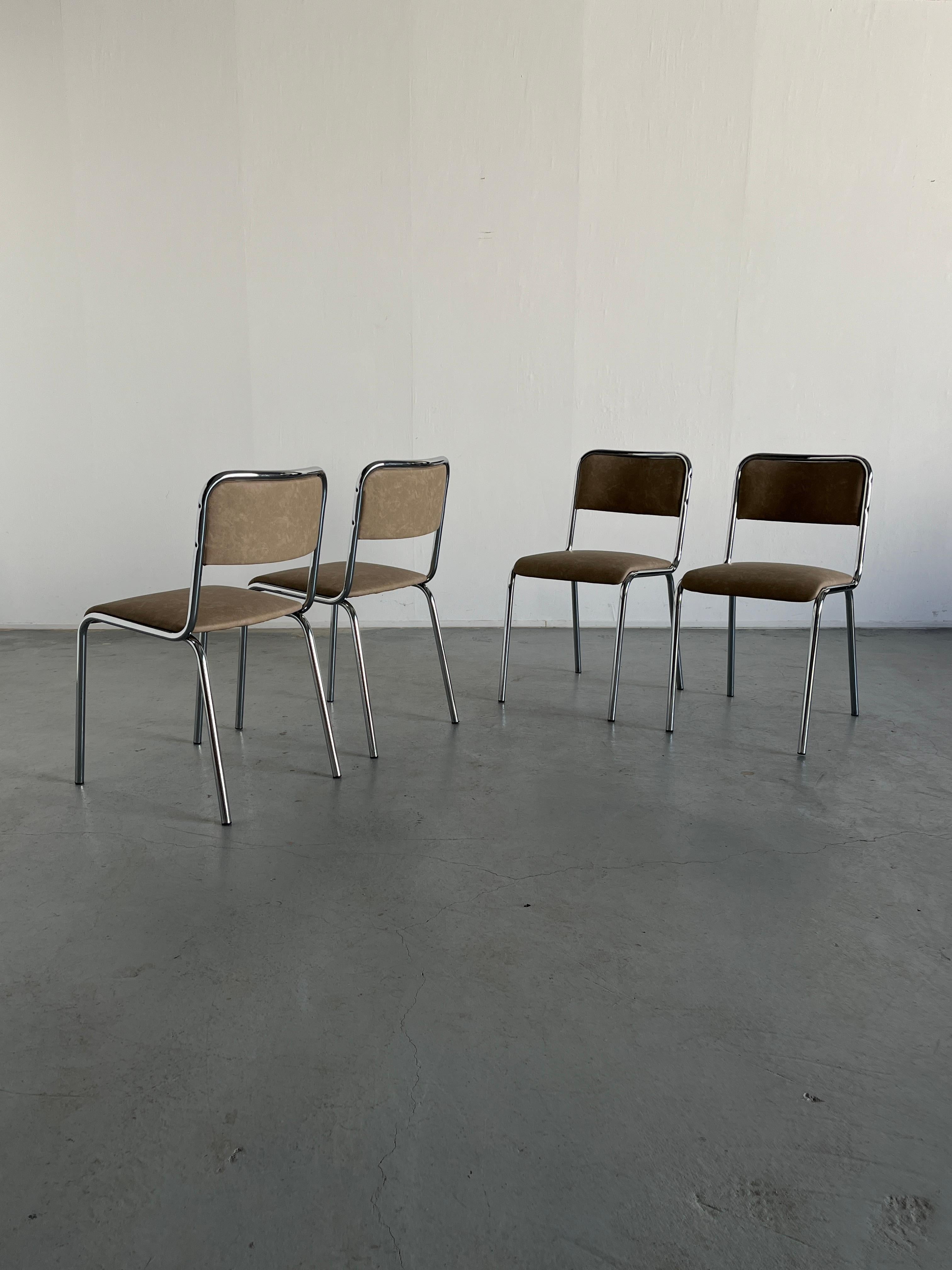 Bauhaus Design Chrome Tubular Steel and Beige Faux Leather Dining Chairs, 1980s 1