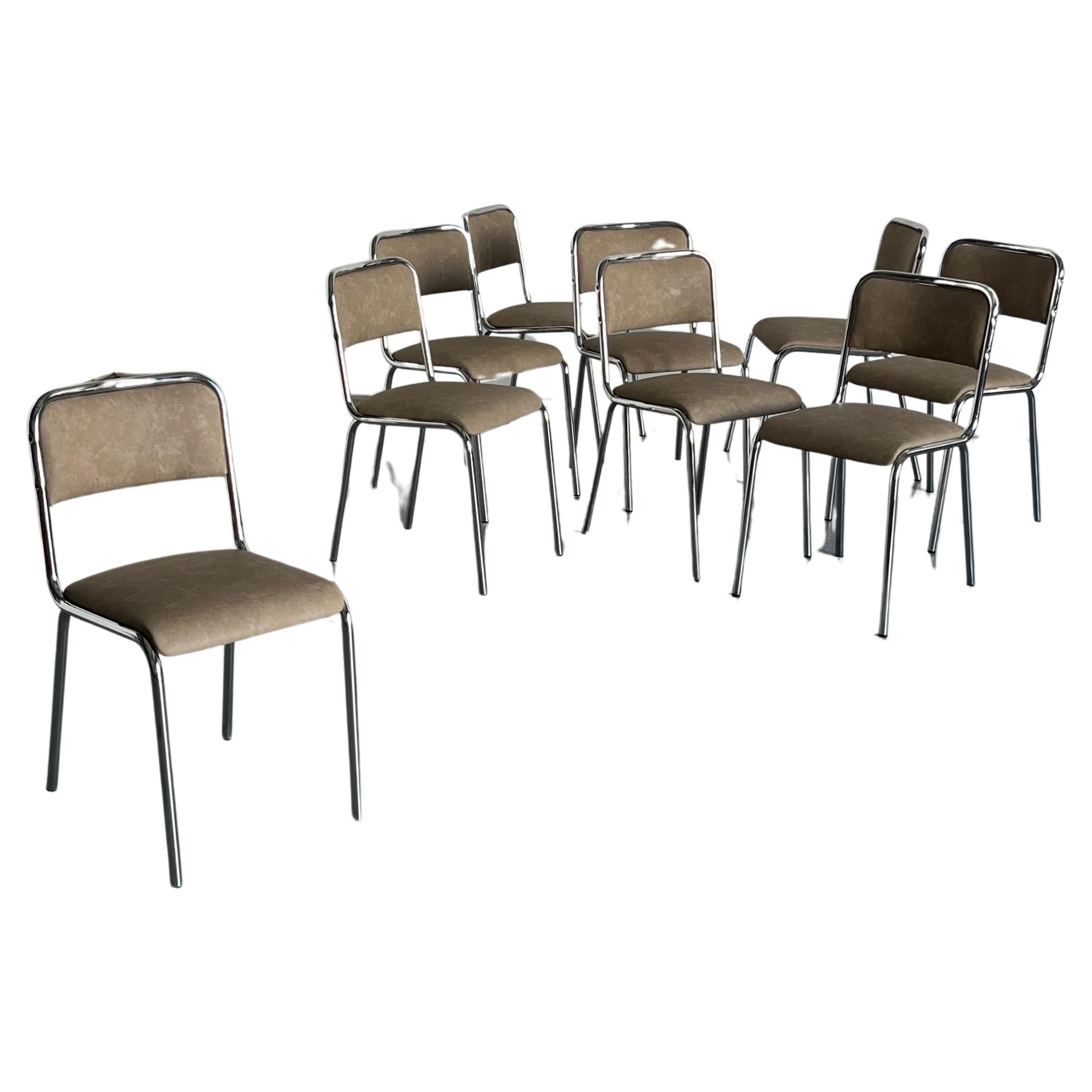 Bauhaus Design Chrome Tubular Steel and Beige Faux Leather Dining Chairs, 1980s