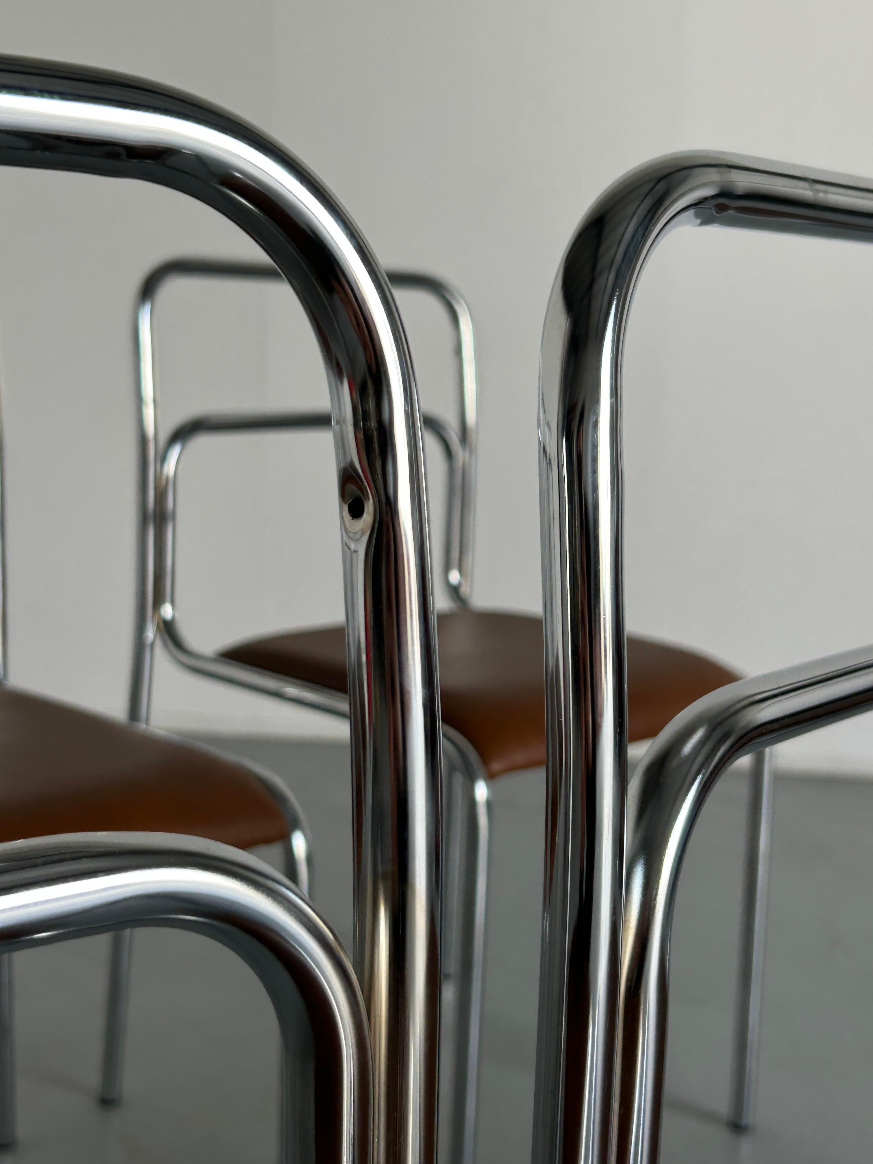 Bauhaus Design Chrome Tubular Steel and Brown Faux Leather Dining Chairs, 1980s For Sale 4