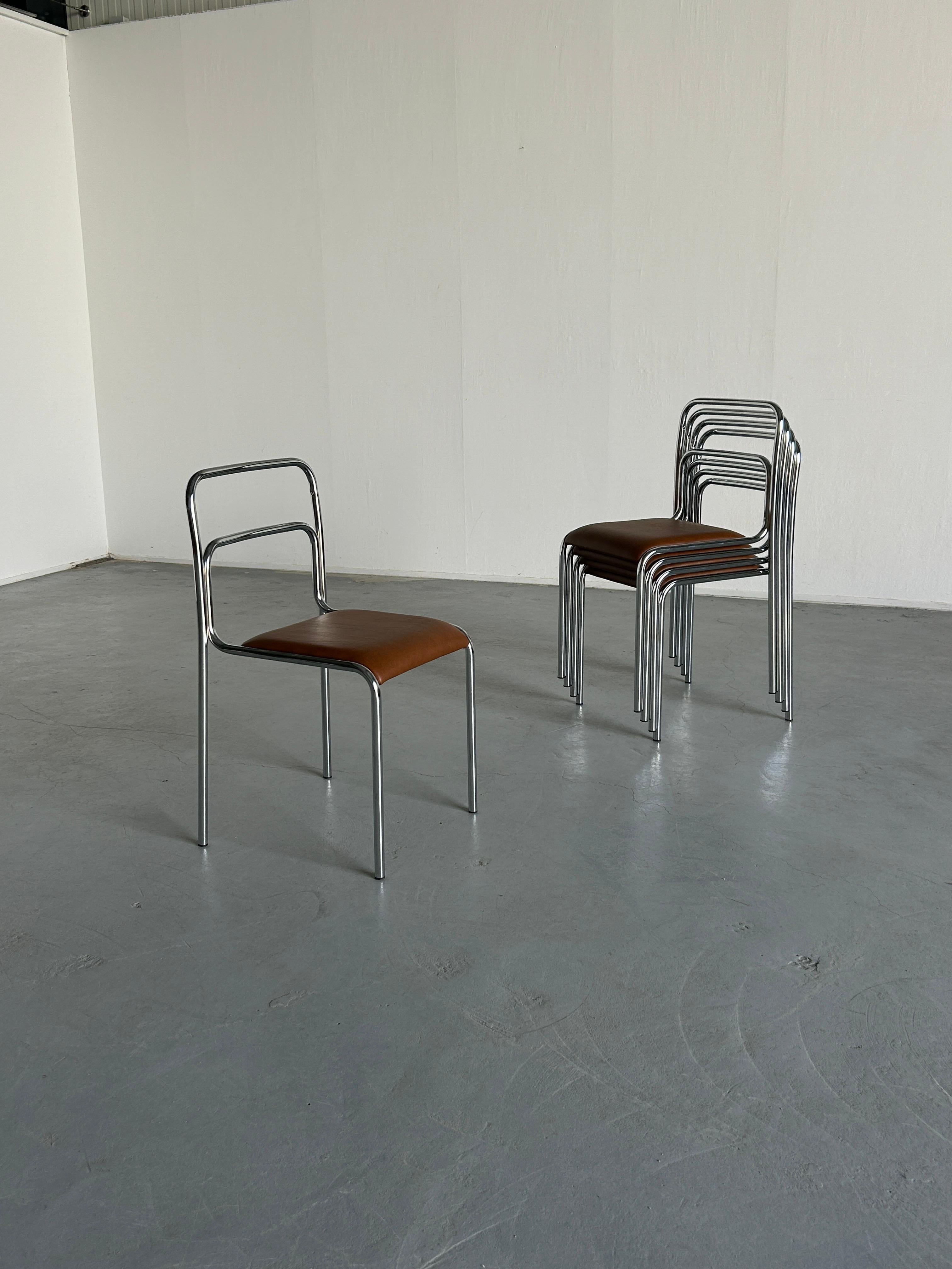 Bauhaus Design Chrome Tubular Steel and Brown Faux Leather Dining Chairs, 1980s For Sale 5