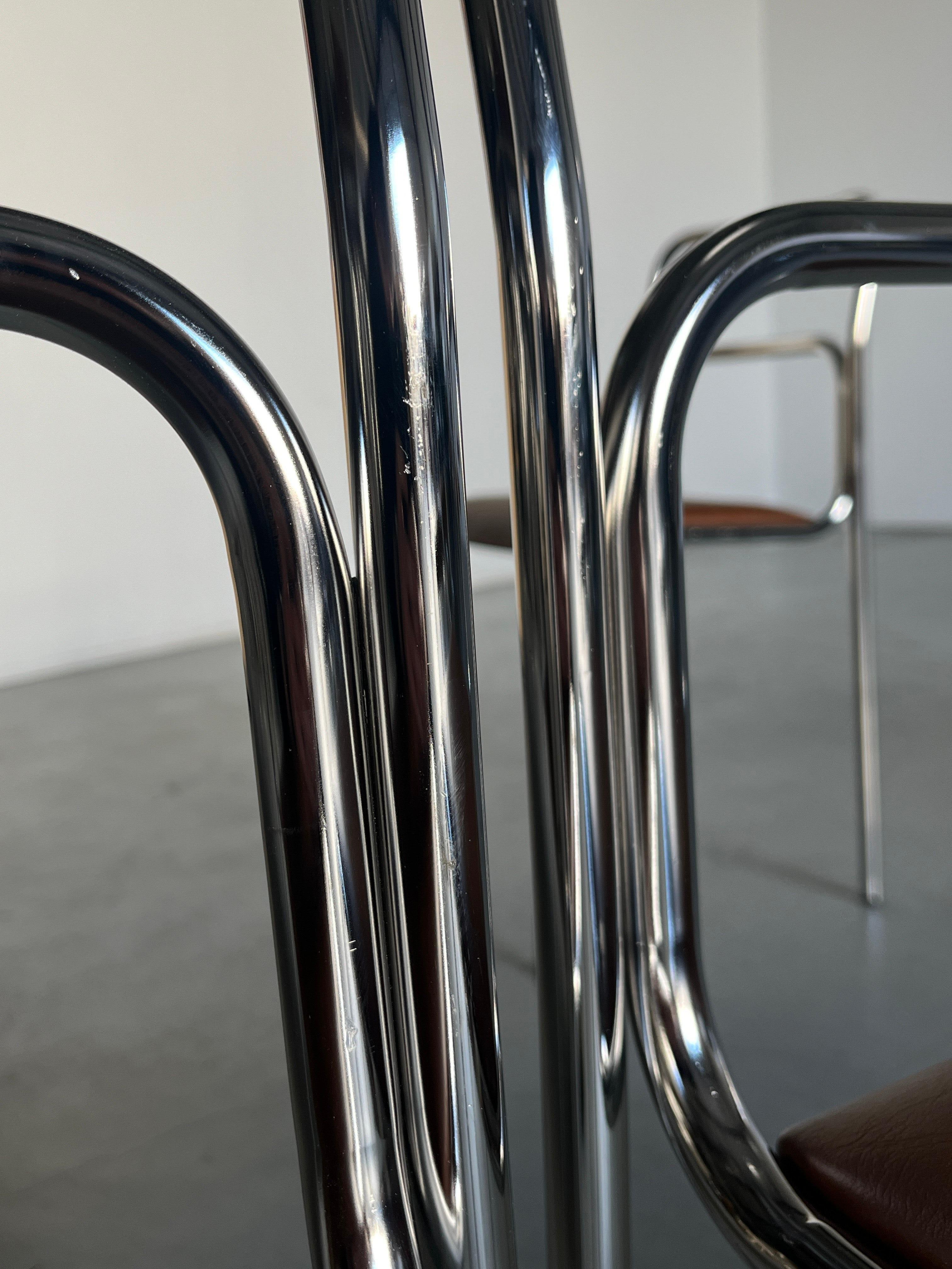 Bauhaus Design Chrome Tubular Steel and Brown Faux Leather Dining Chairs, 1980s For Sale 10