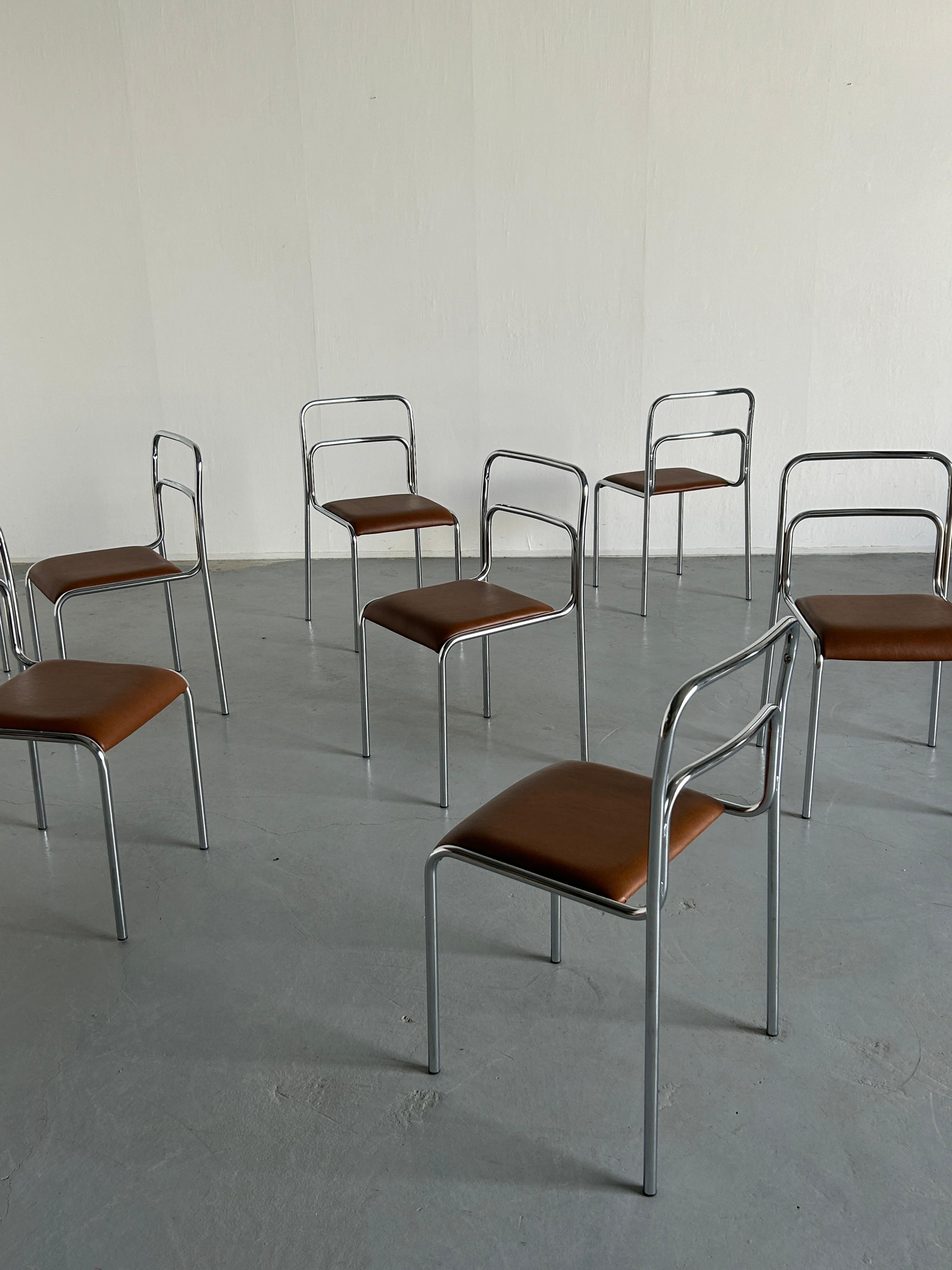 Italian Bauhaus Design Chrome Tubular Steel and Brown Faux Leather Dining Chairs, 1980s For Sale