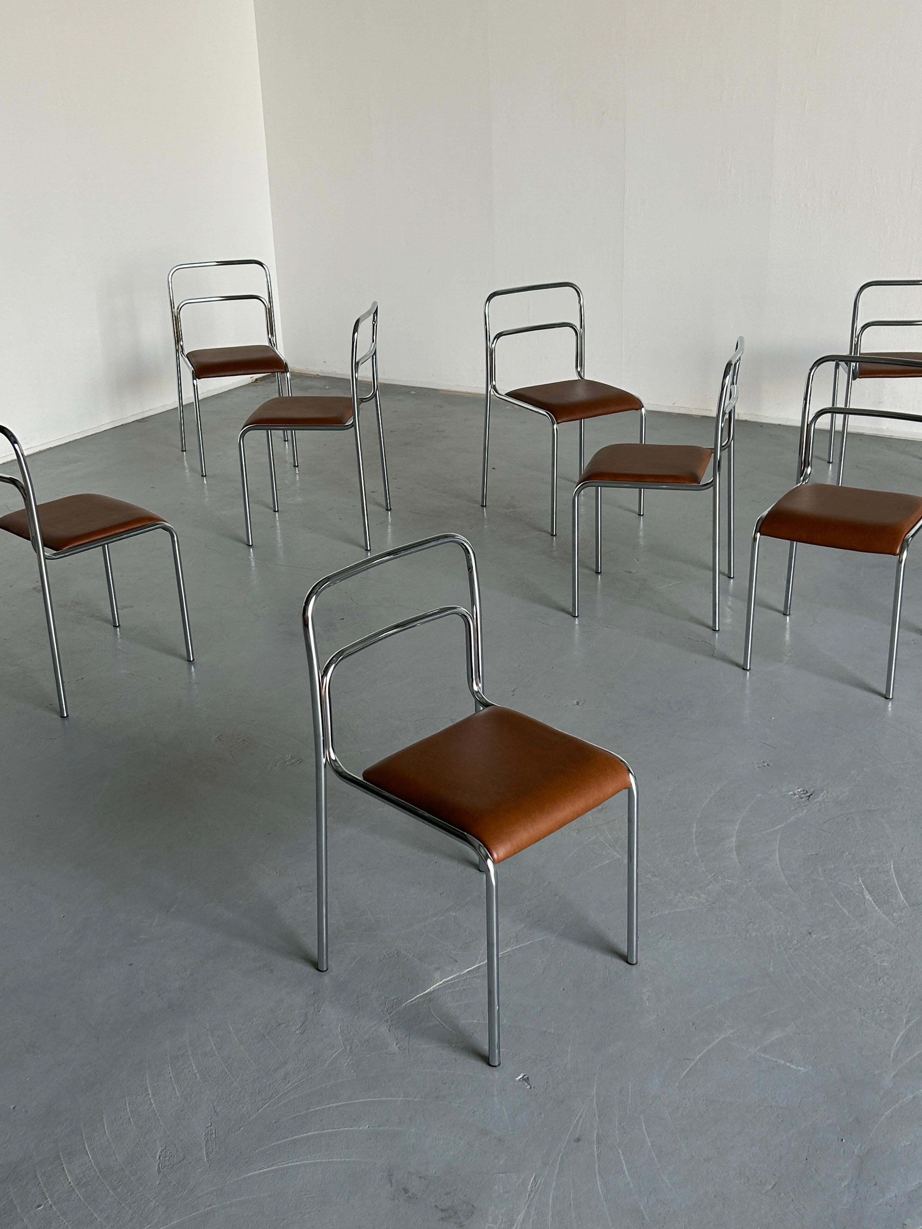 Italian Bauhaus Design Chrome Tubular Steel and Brown Faux Leather Dining Chairs, 1980s For Sale