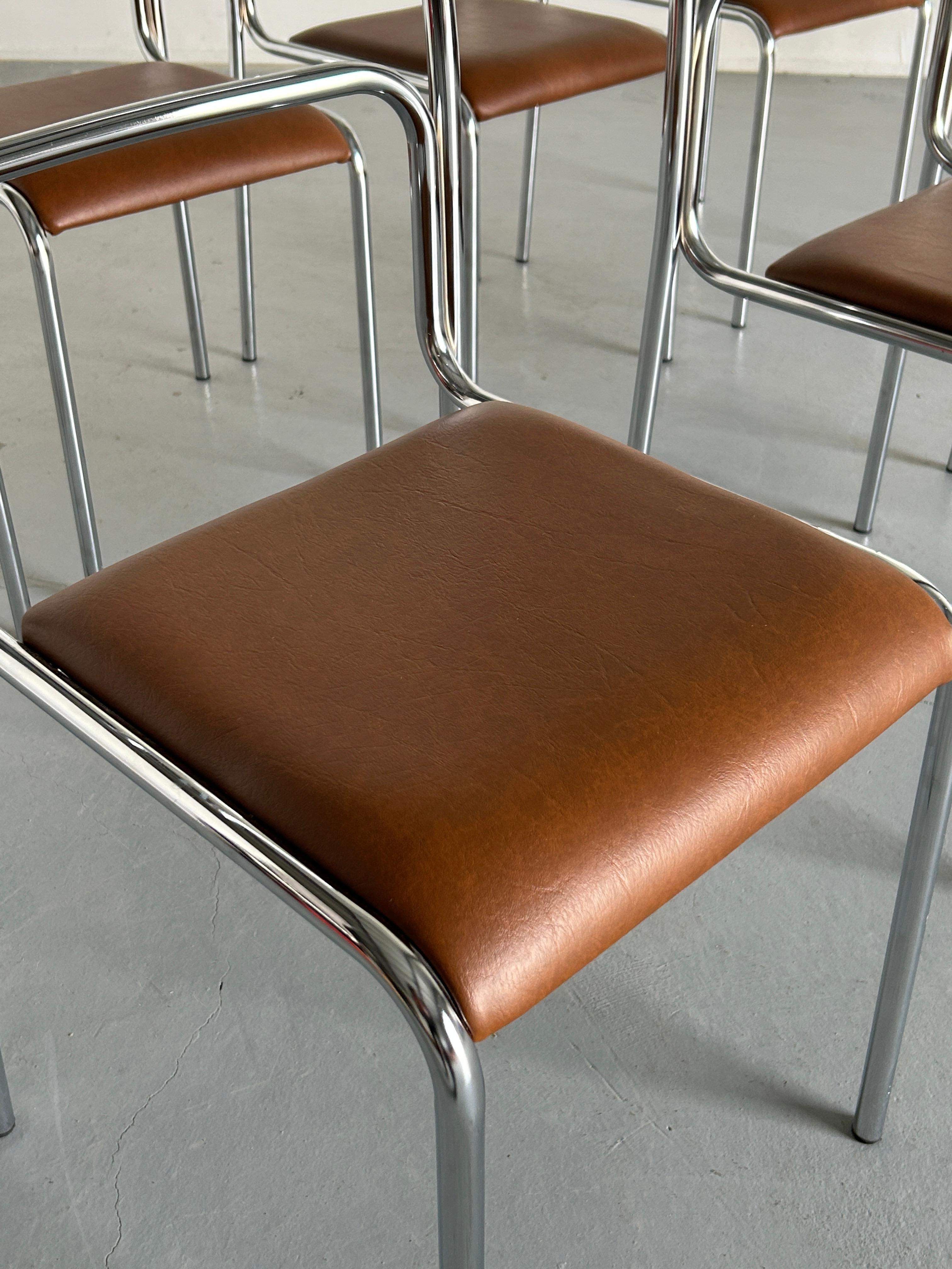 Late 20th Century Bauhaus Design Chrome Tubular Steel and Brown Faux Leather Dining Chairs, 1980s For Sale