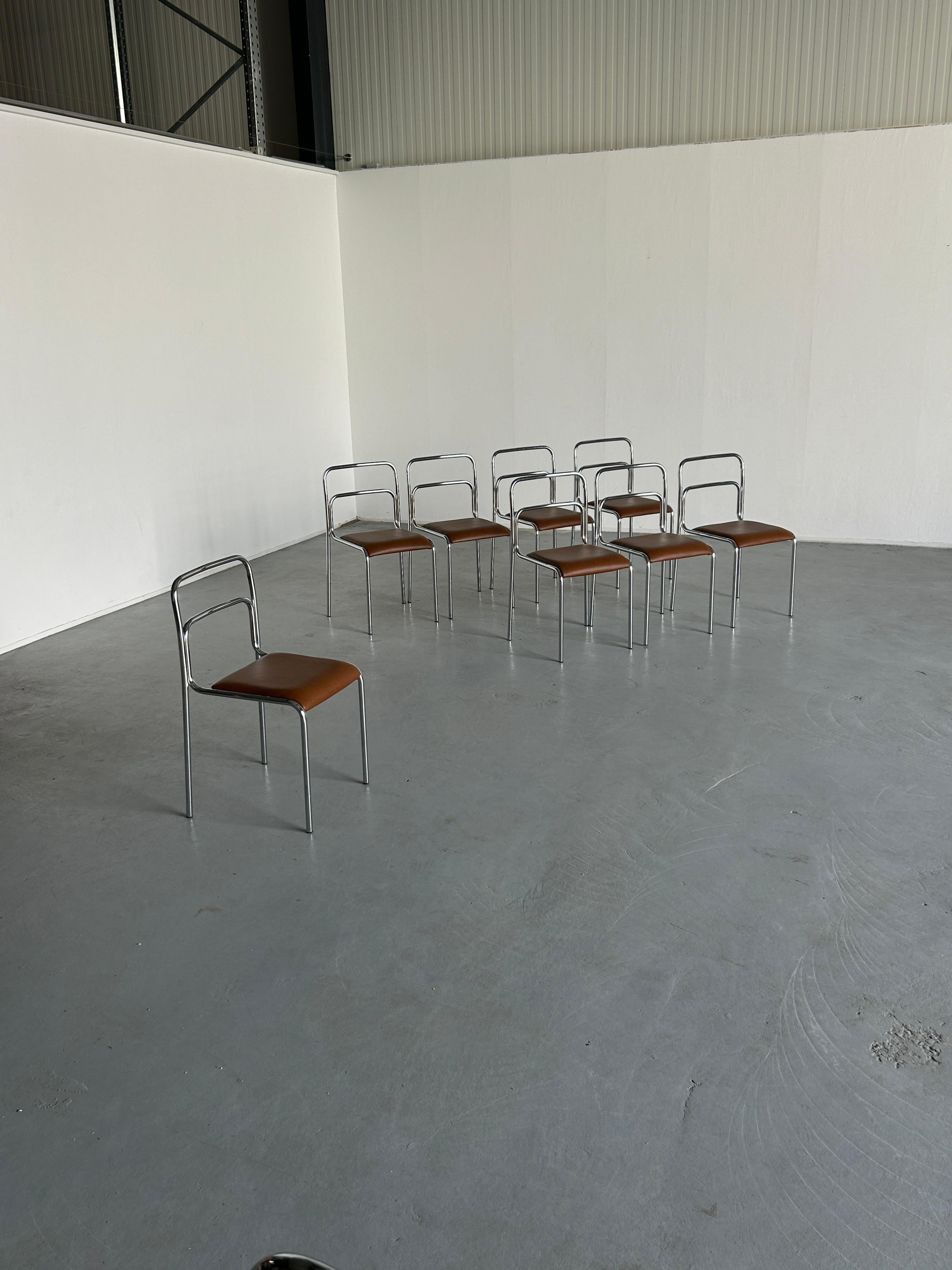 Metal Bauhaus Design Chrome Tubular Steel and Brown Faux Leather Dining Chairs, 1980s