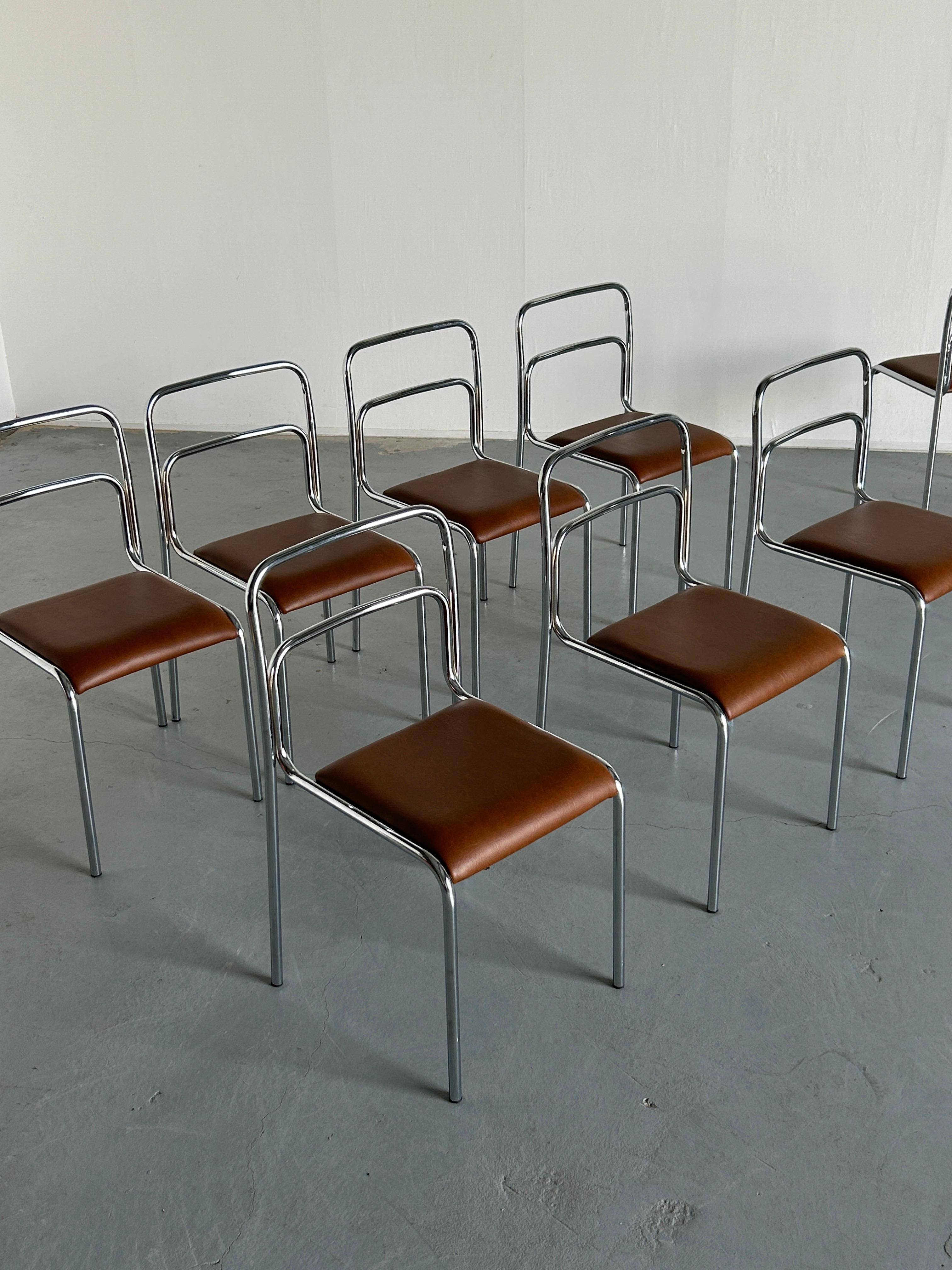 Bauhaus Design Chrome Tubular Steel and Brown Faux Leather Dining Chairs, 1980s 3