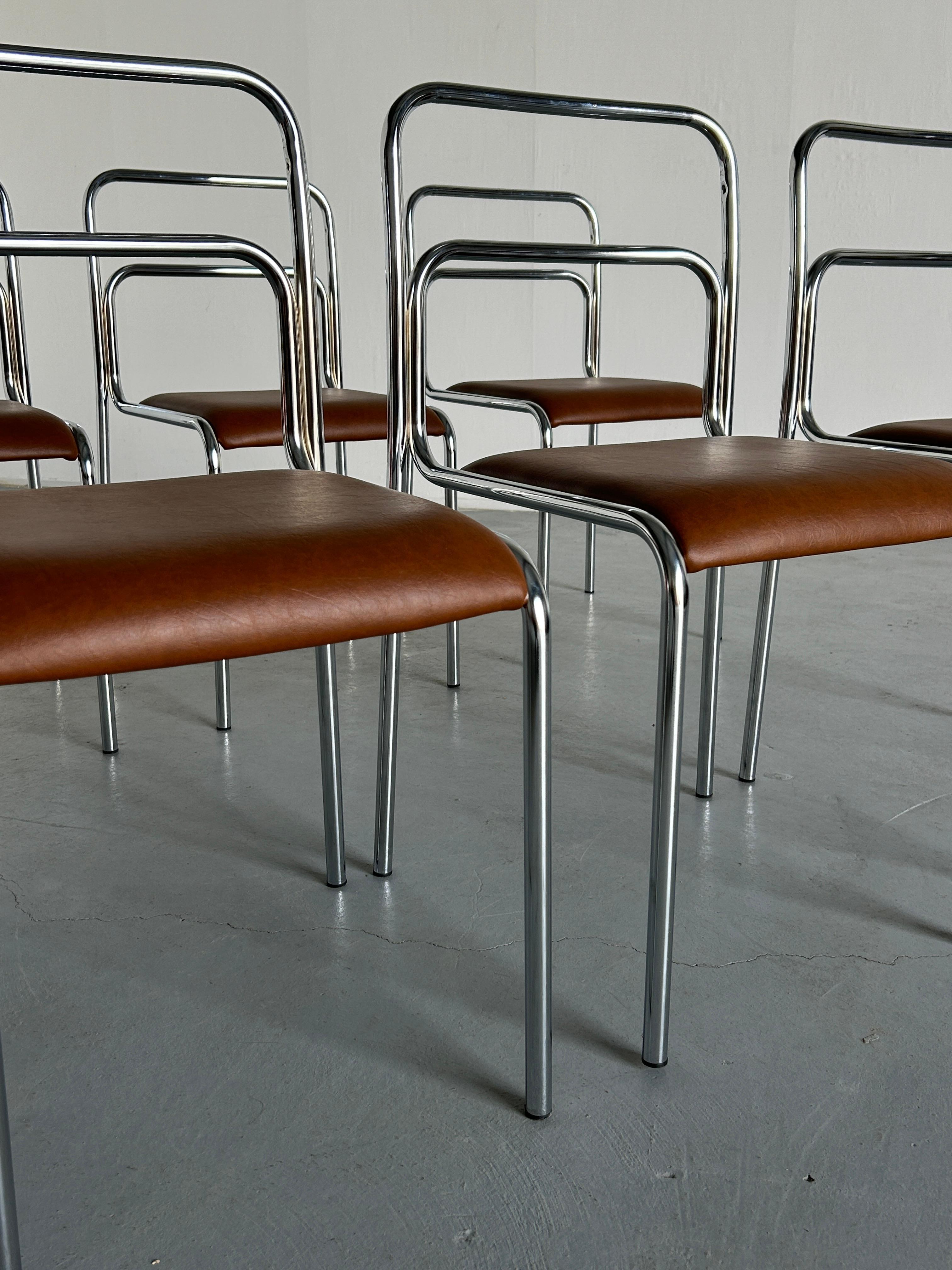 Bauhaus Design Chrome Tubular Steel and Brown Faux Leather Dining Chairs, 1980s For Sale 3