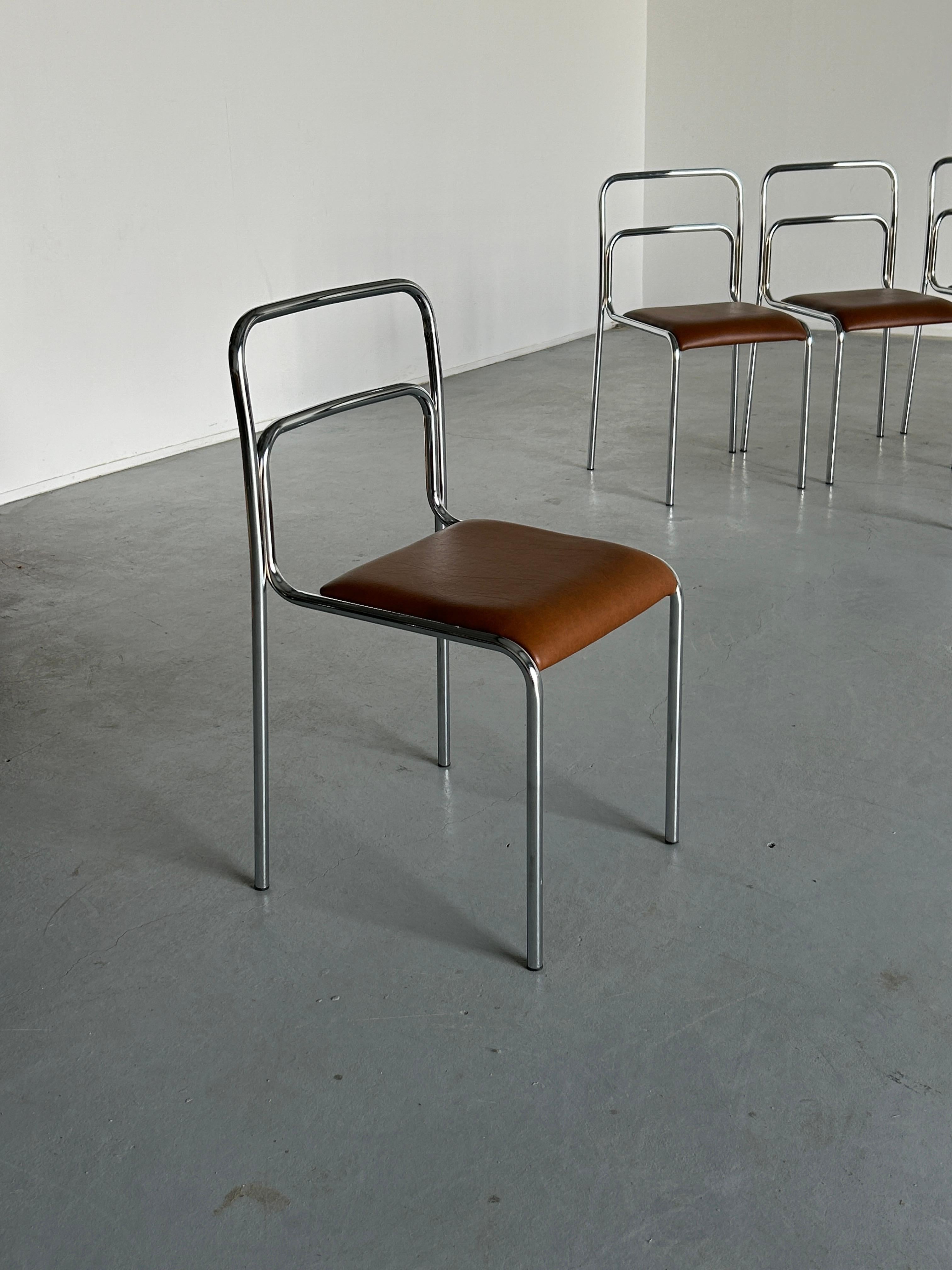 Bauhaus Design Chrome Tubular Steel and Brown Faux Leather Dining Chairs, 1980s 4