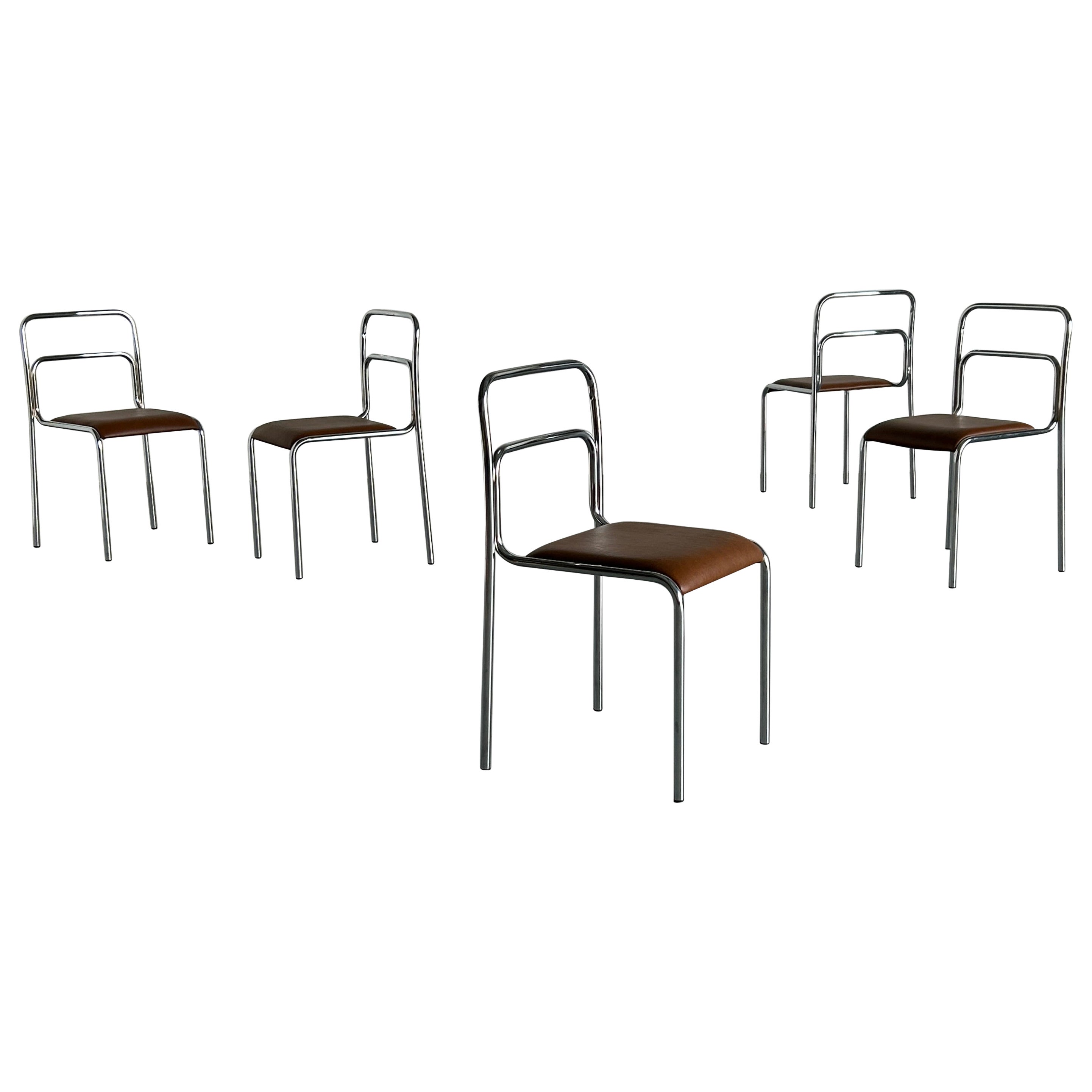 Bauhaus Design Chromstahlrohr und braune Kunstleder-Esszimmerstühle, 1980er Jahre