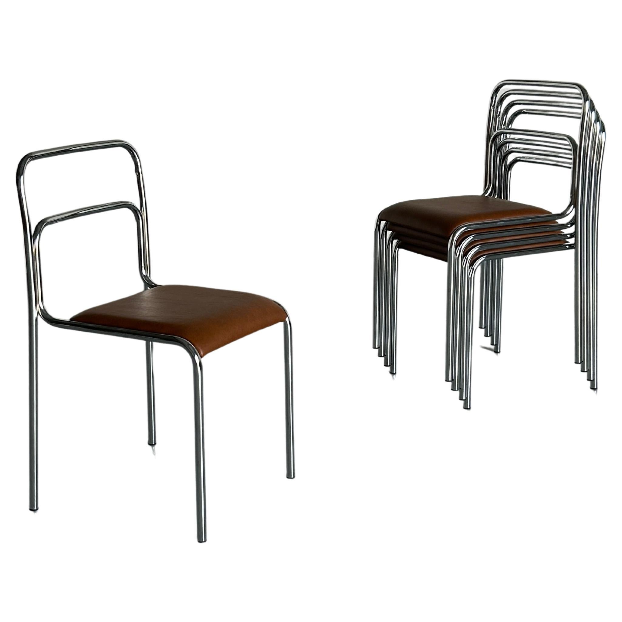 Bauhaus Design Chrome Tubular Steel and Brown Faux Leather Dining Chairs, 1980s