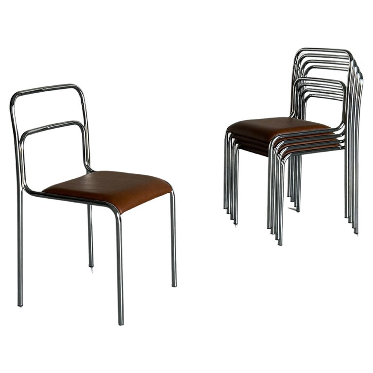 Bauhaus Design Chrome Tubular Steel and Brown Faux Leather Dining Chairs,  1980s