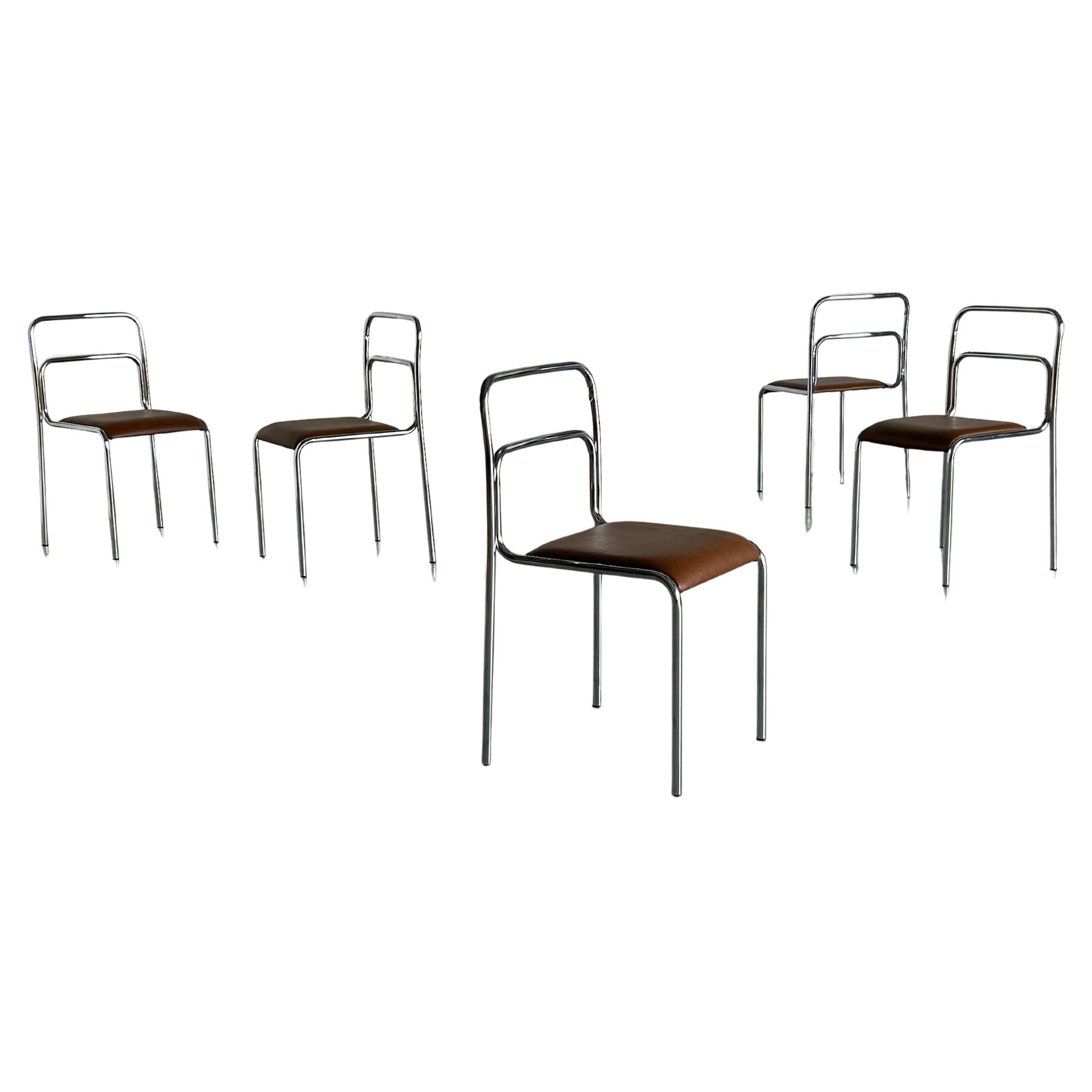 Sillas de comedor de acero tubular cromado y piel sintética marrón, diseño Bauhaus, años 80