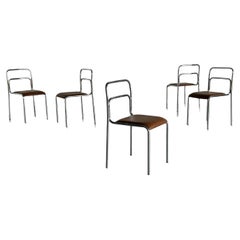 Sillas de comedor de acero tubular cromado y piel sintética marrón, diseño Bauhaus, años 80