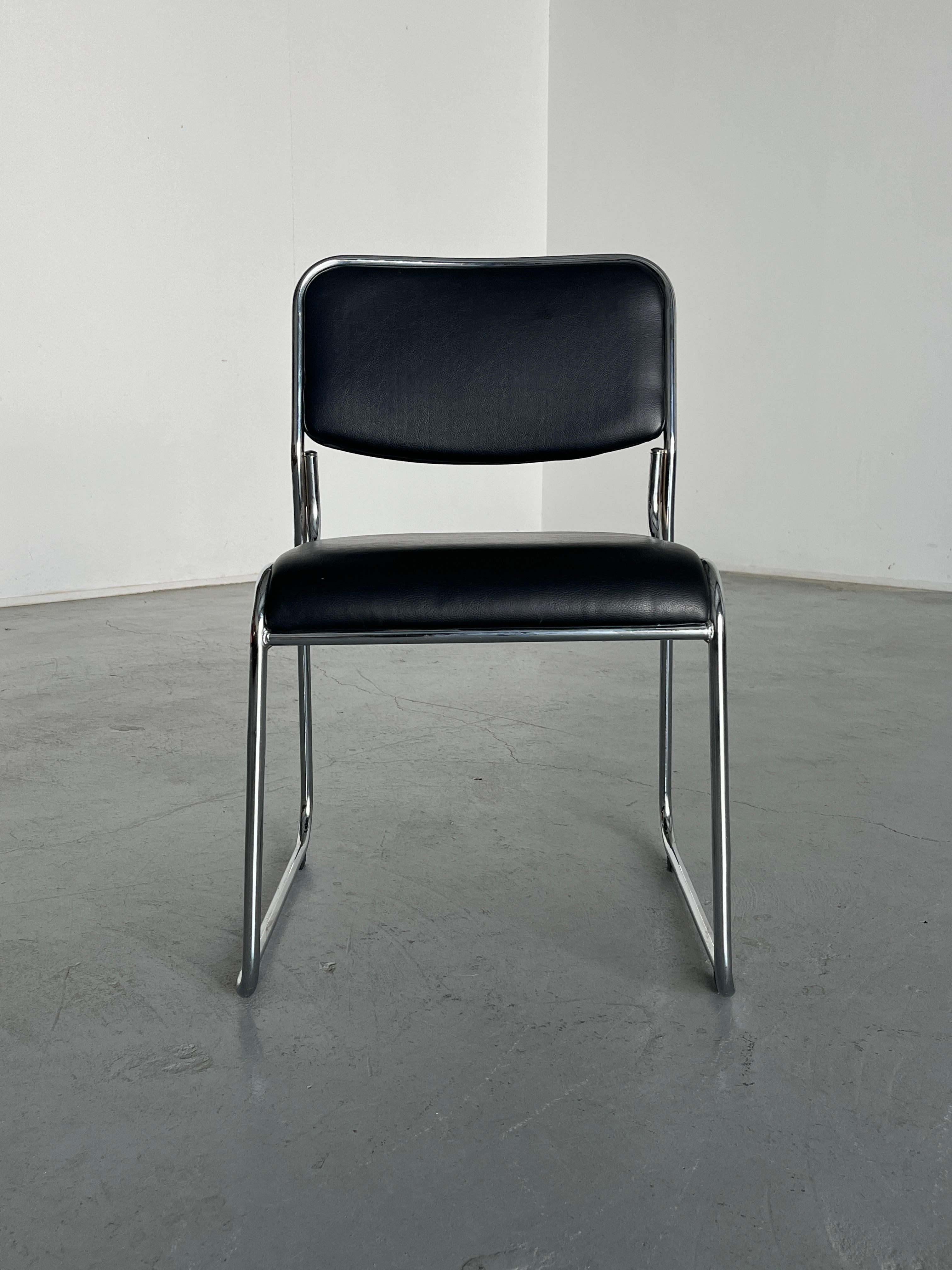 Italian Bauhaus Design Chromed Steel and Black Faux Leather Dining Chair, 1990s Italy