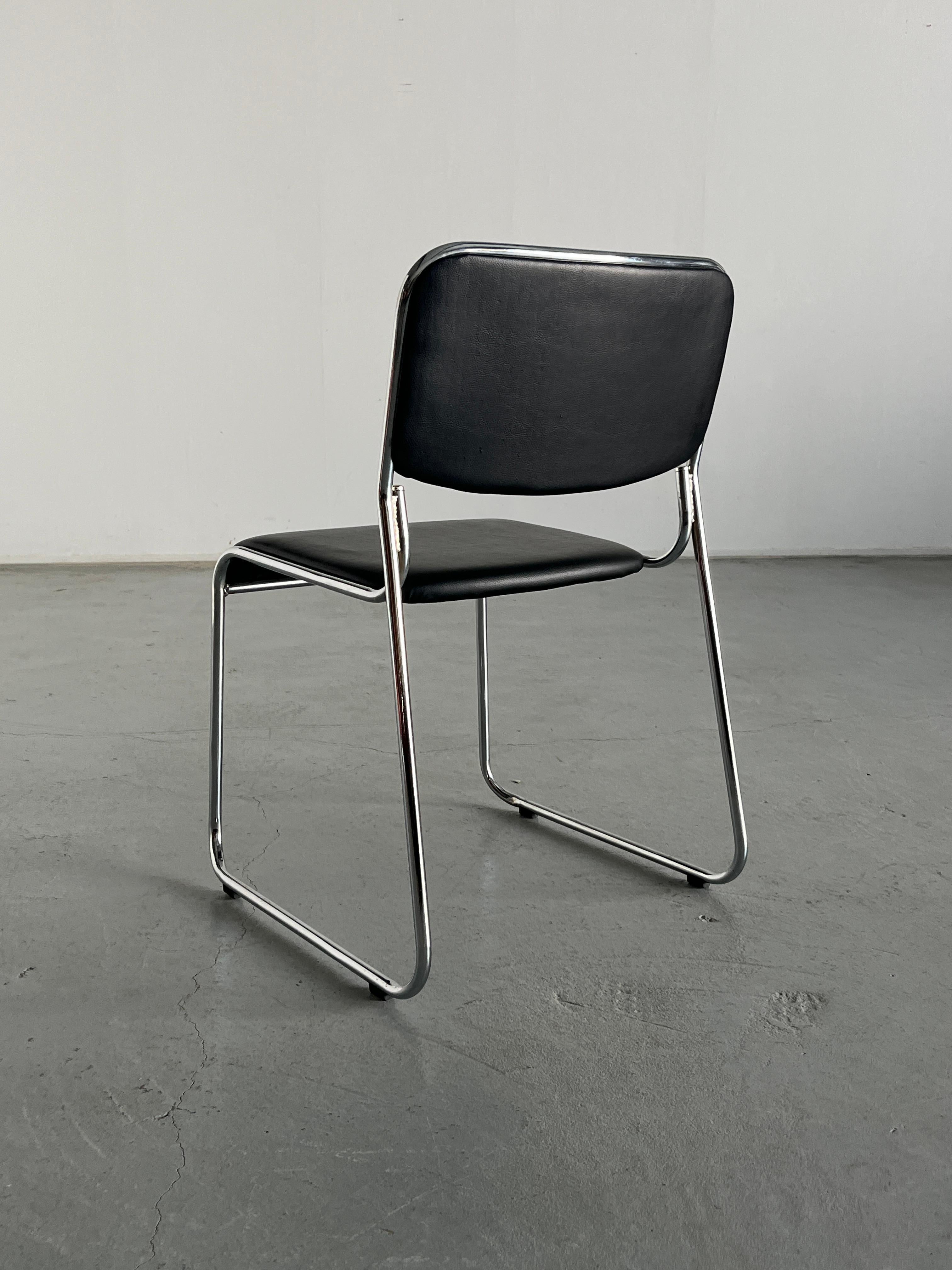 Bauhaus Design Chromed Steel and Black Faux Leather Dining Chair, 1990s Italy 1