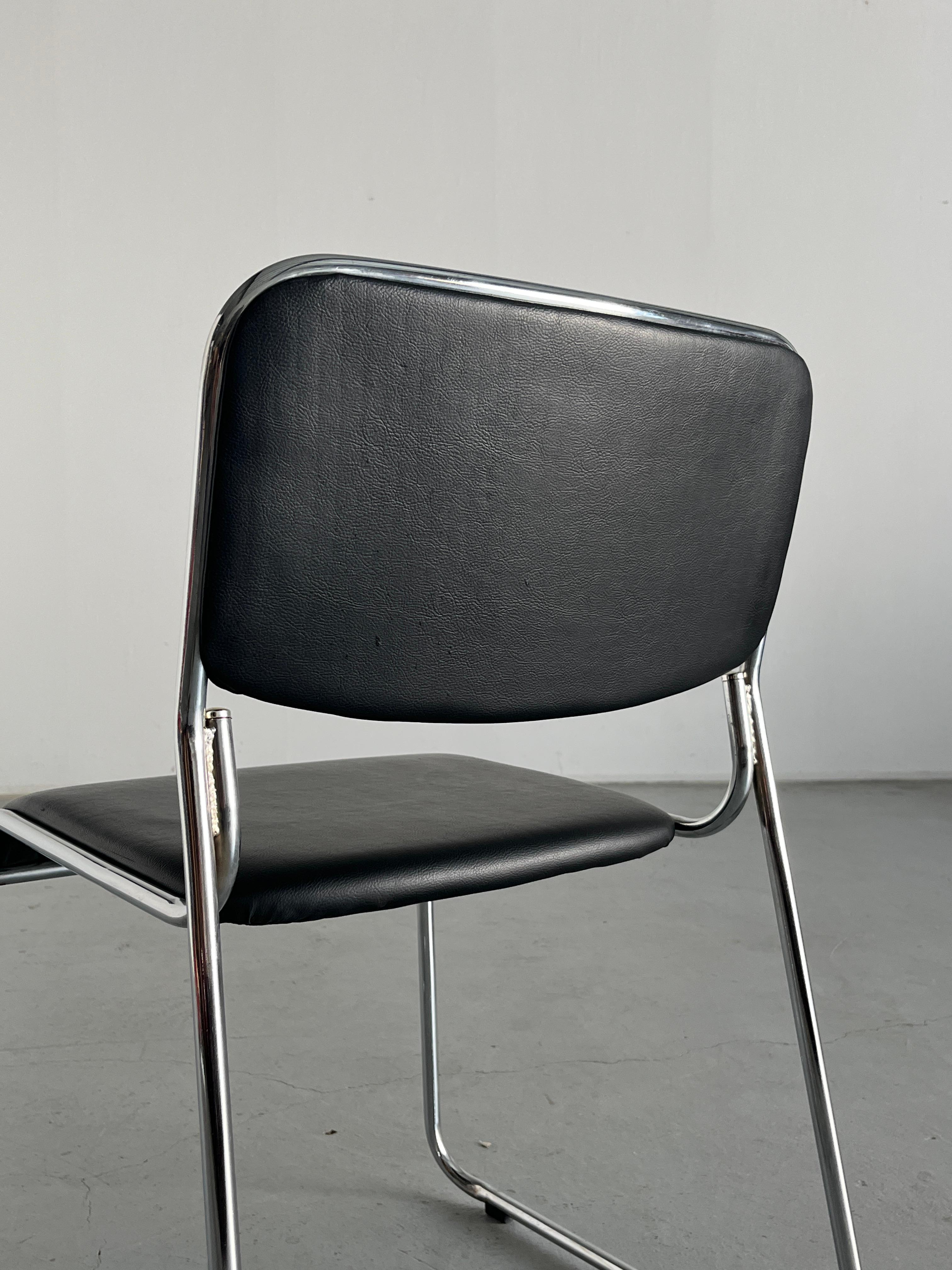 Bauhaus Design Chromed Steel and Black Faux Leather Dining Chair, 1990s Italy 4