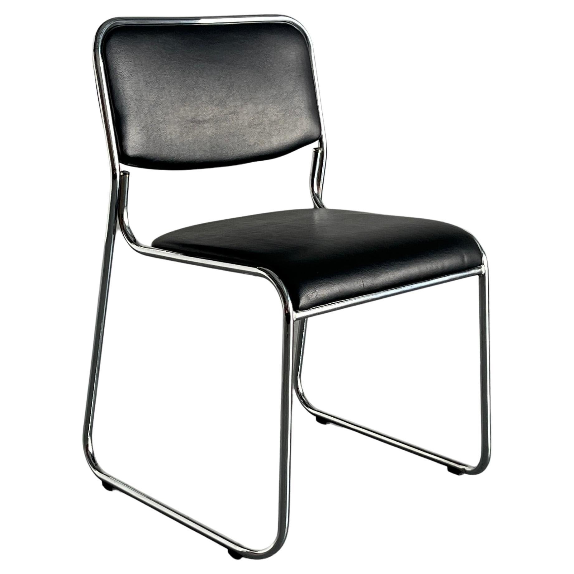 Bauhaus Design Chromed Steel and Black Faux Leather Dining Chair, 1990s Italy