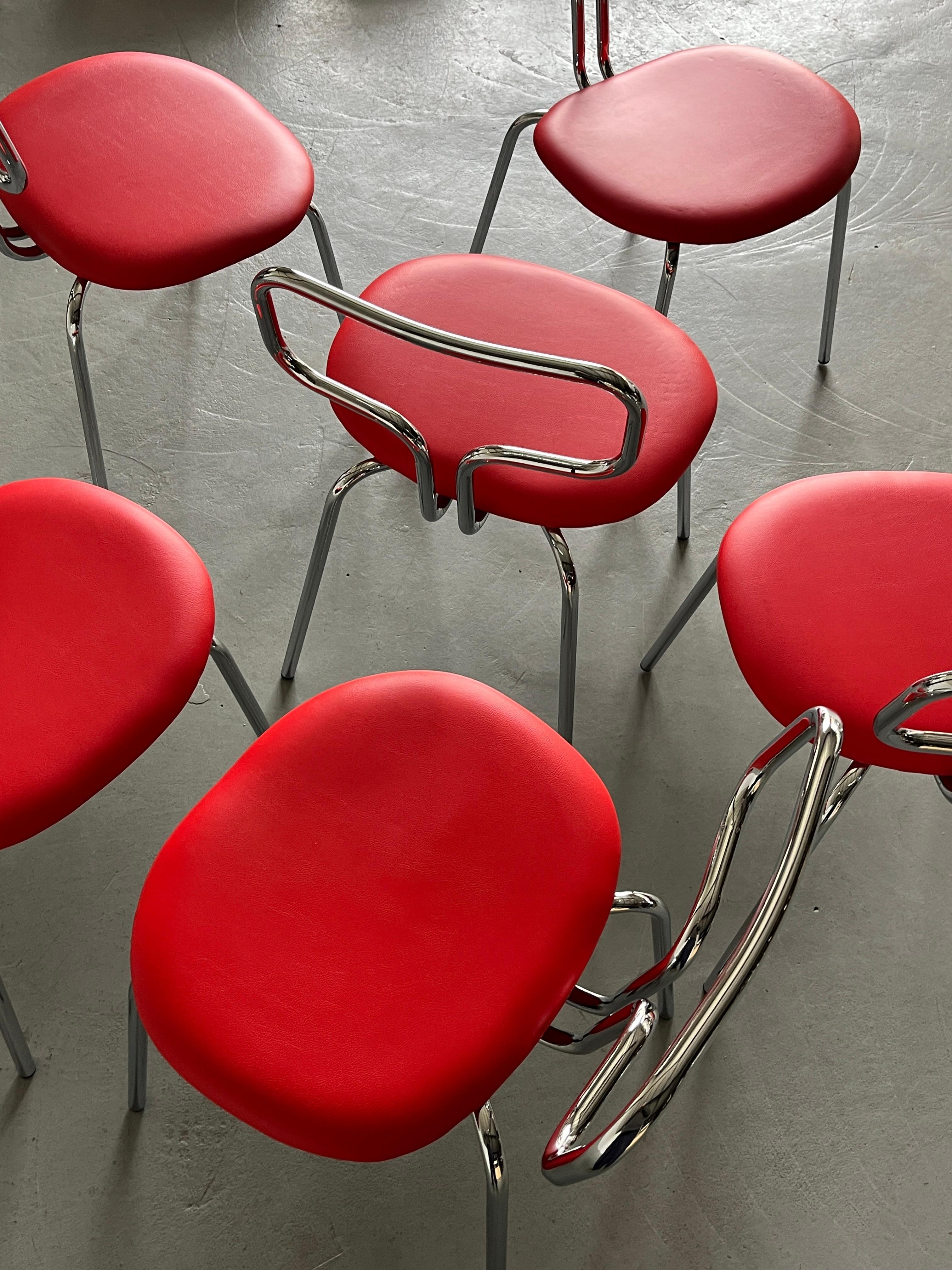 Bauhaus Design Curved Chrome Tubular Steel and Faux Leather Dining Chairs For Sale 6