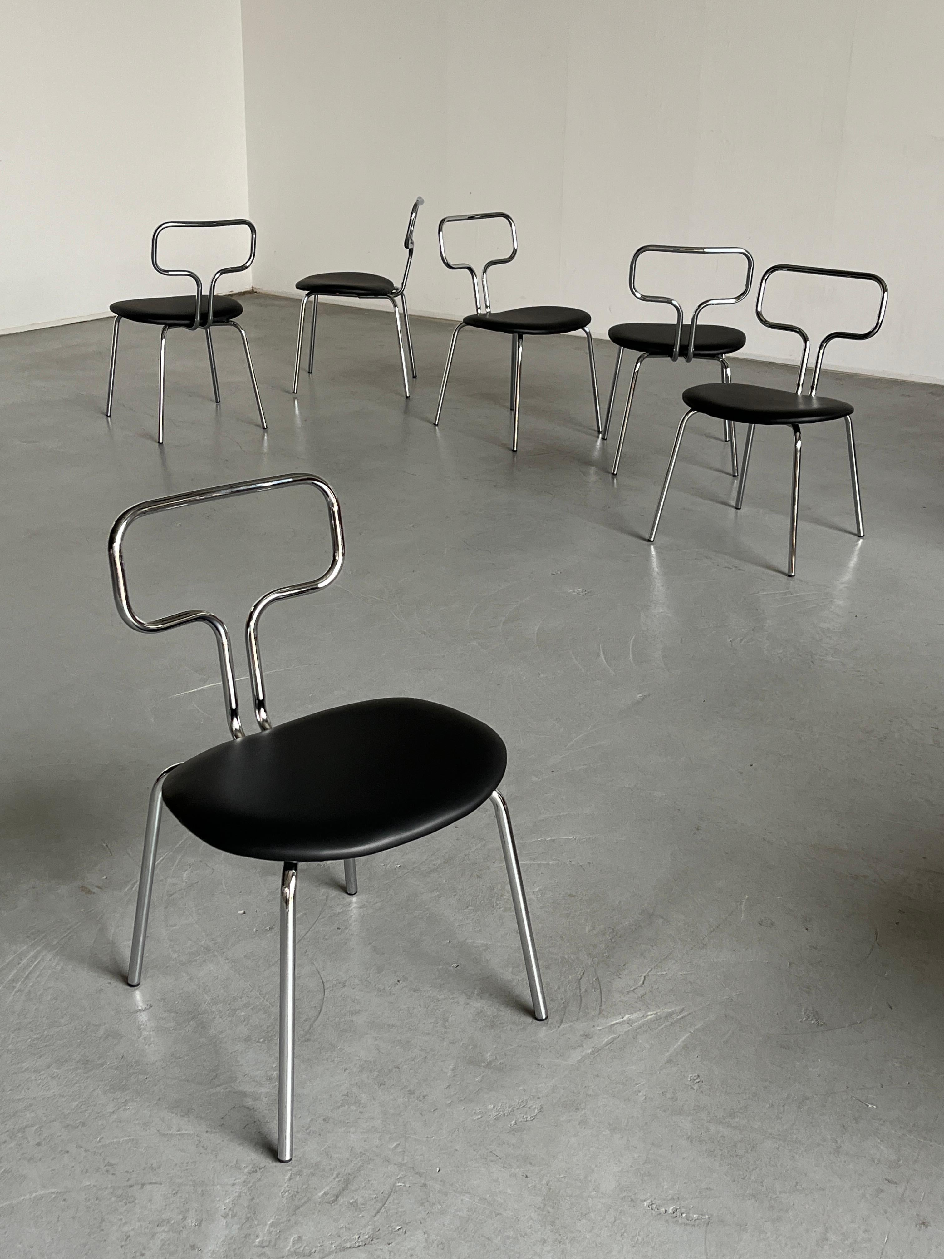 Late 20th Century Bauhaus Design Curved Chrome Tubular Steel and Faux Leather Dining Chairs For Sale