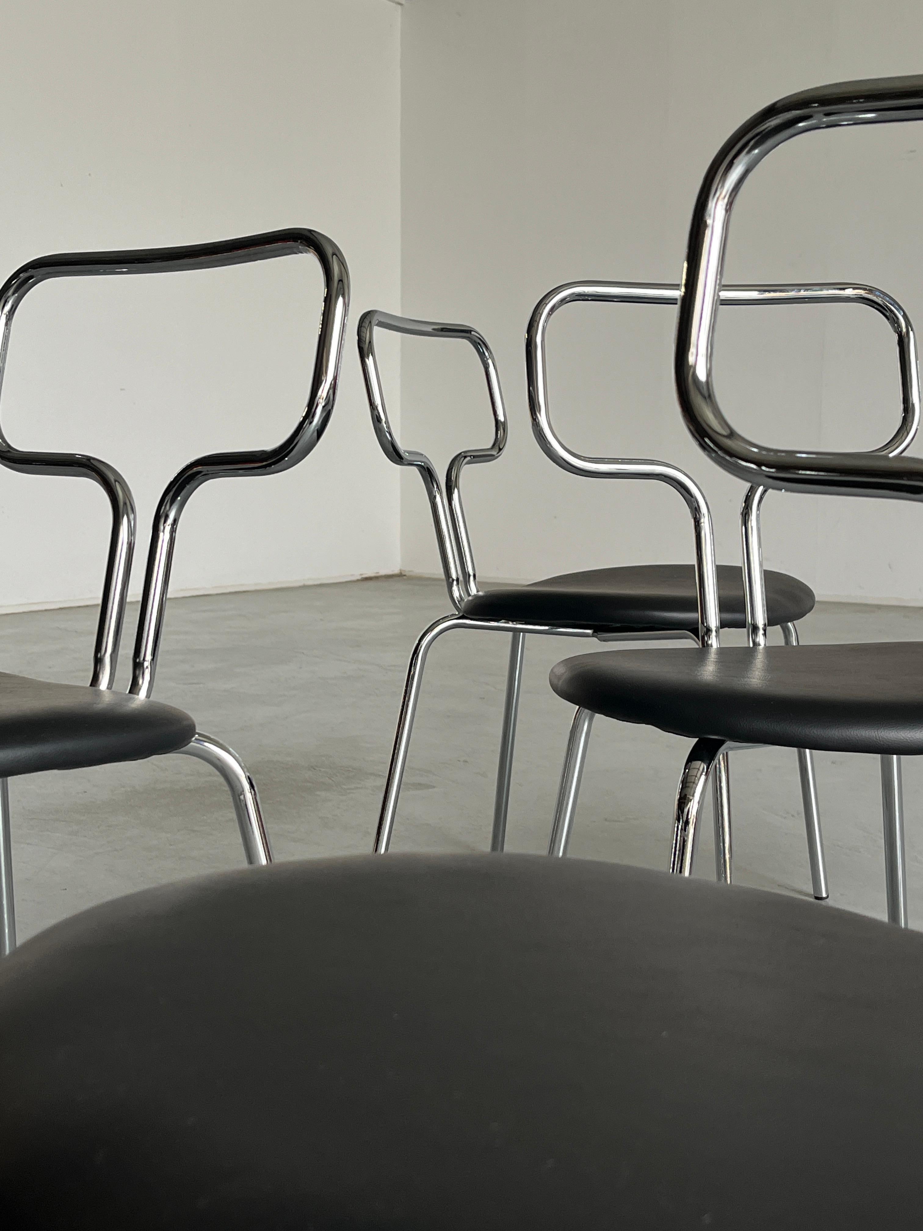 Bauhaus Design Curved Chrome Tubular Steel and Faux Leather Dining Chairs For Sale 2