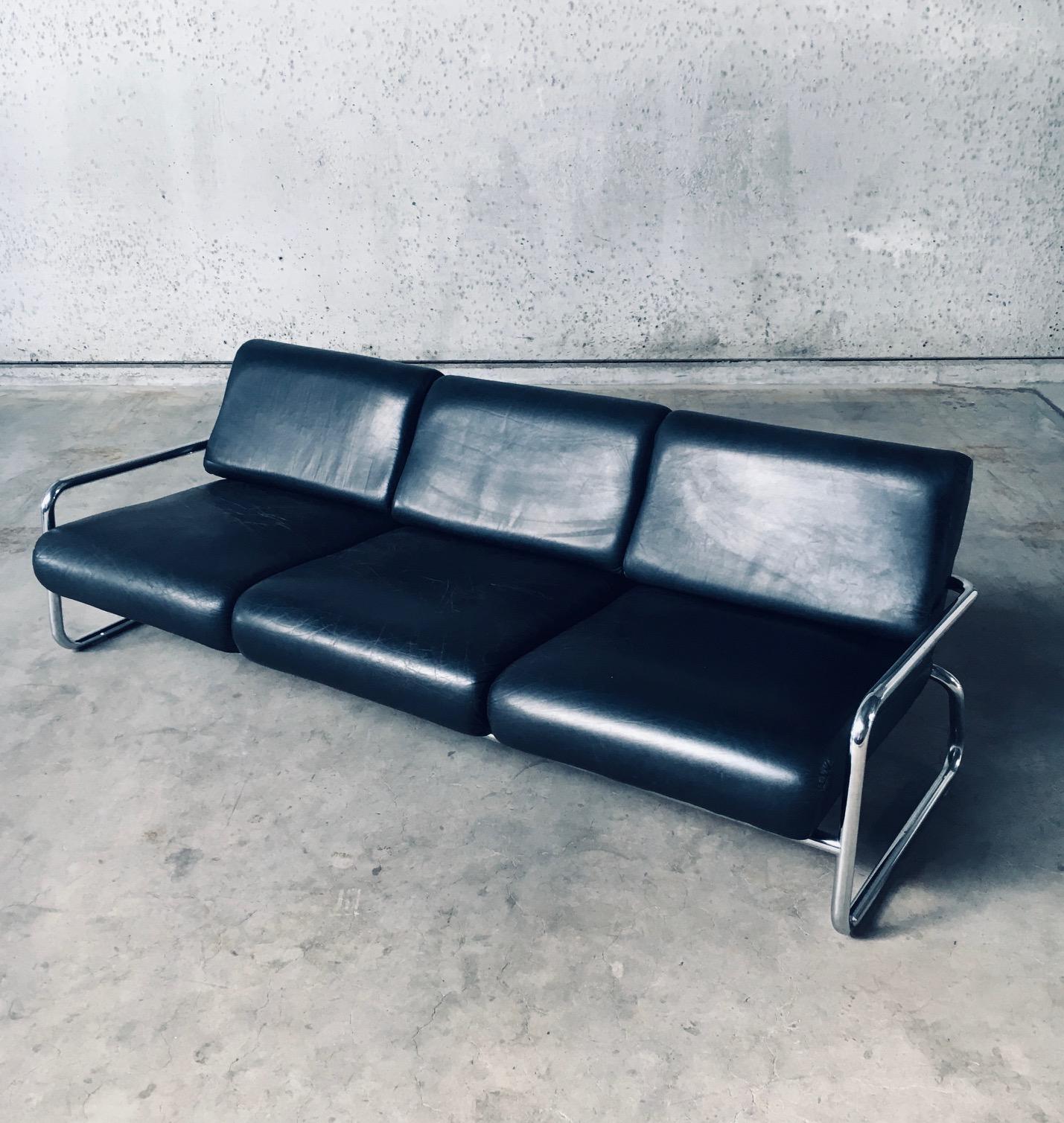 Vintage Bauhaus Style Design Tubular Steel & Leather 3 Seat Sofa. Made in Germany, early 1950's period. Tubular chrome steel frame with black leather cushions. This is all original and in good condition. The leather cushions have a nice patina from