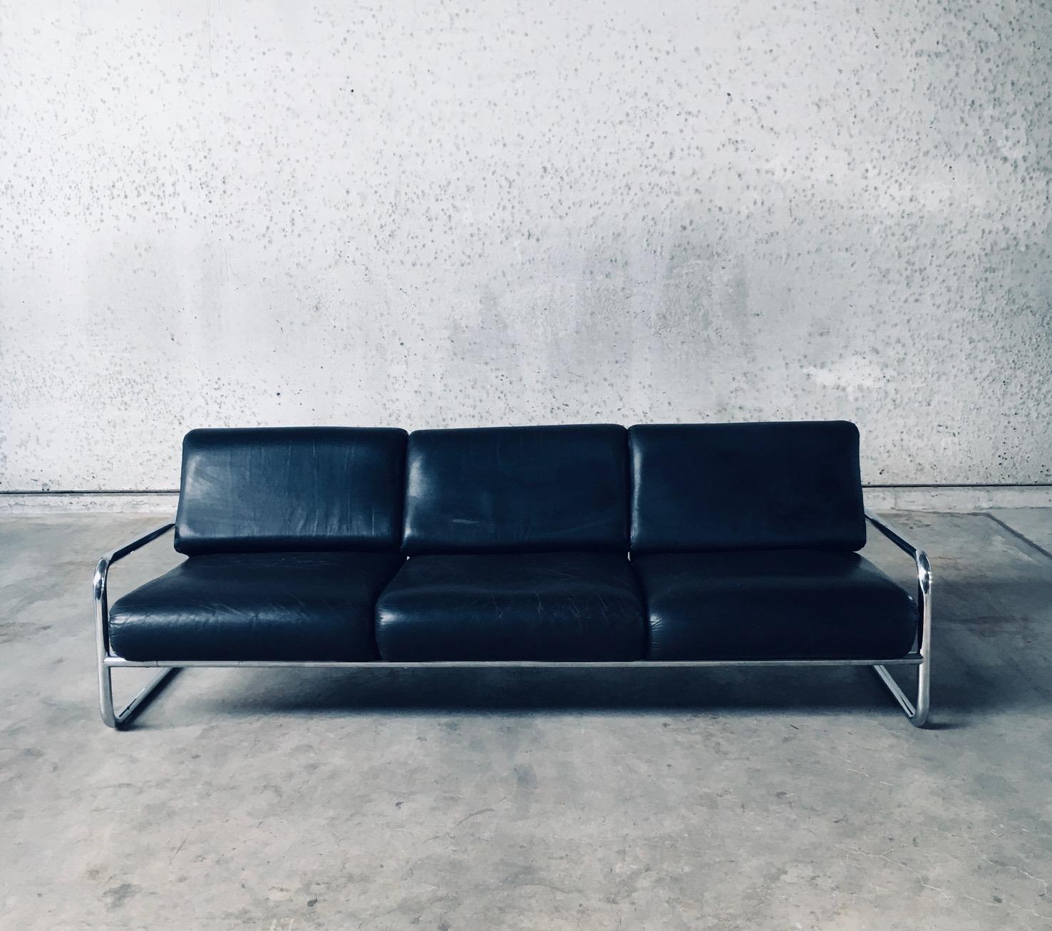 Mid-20th Century Bauhaus Design Tubular Steel & Leather 3 Seat Sofa, Germany 1950's
