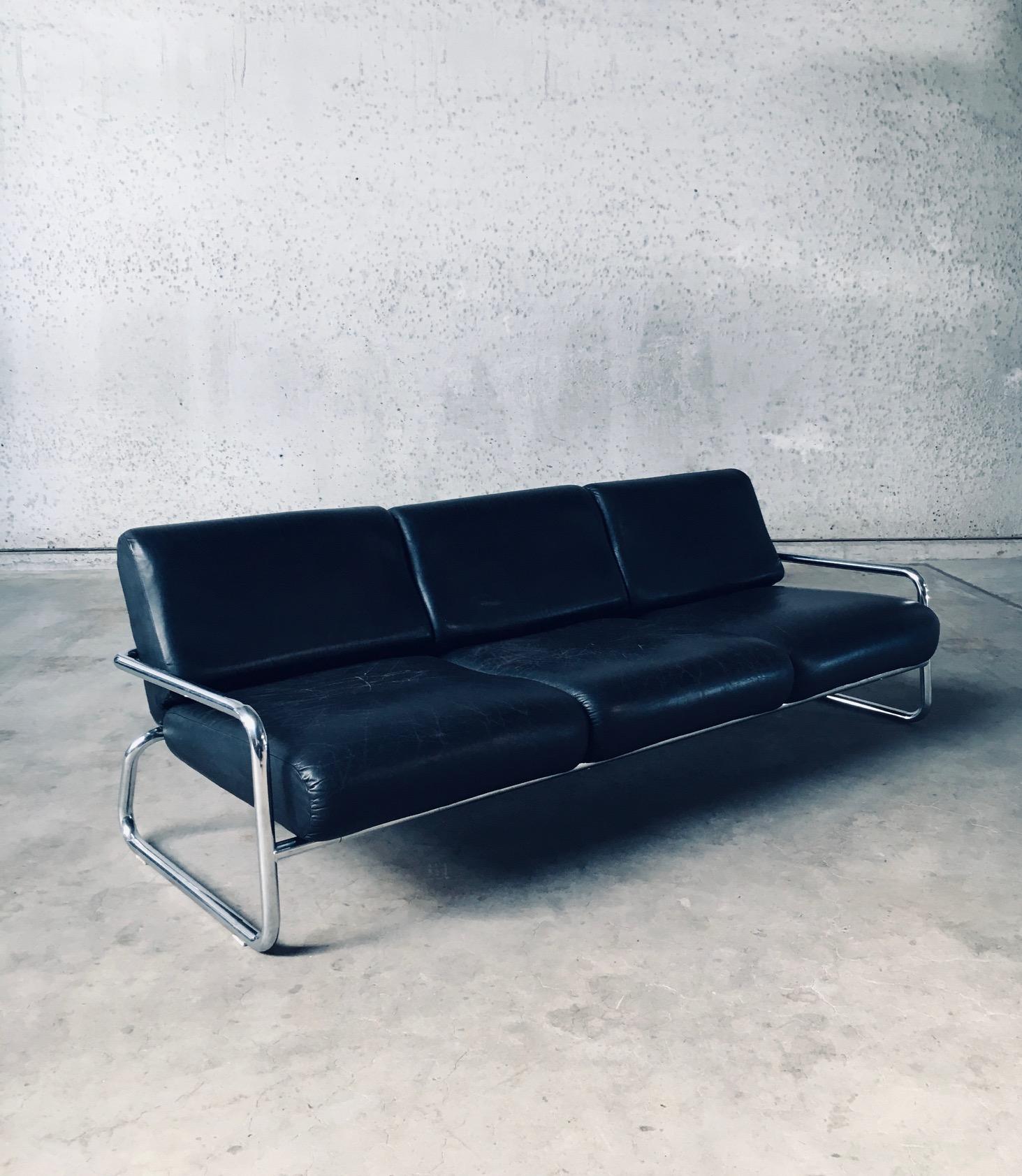 Bauhaus Design Tubular Steel & Leather 3 Seat Sofa, Germany 1950's 3