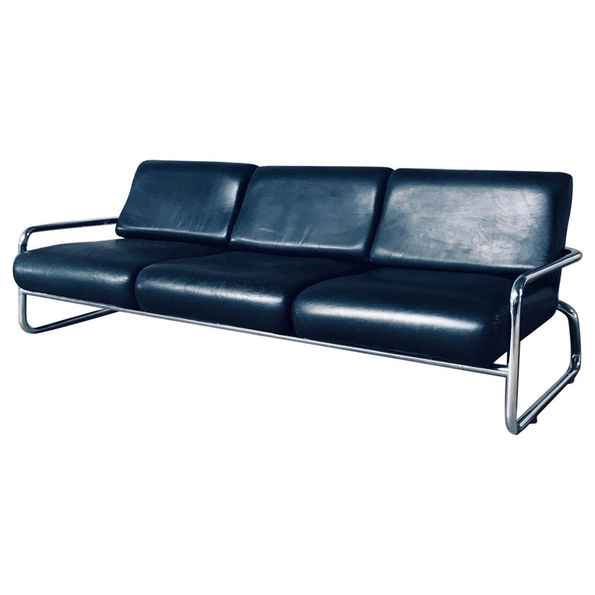 Bauhaus Design Tubular Steel & Leather 3 Seat Sofa, Germany 1950's