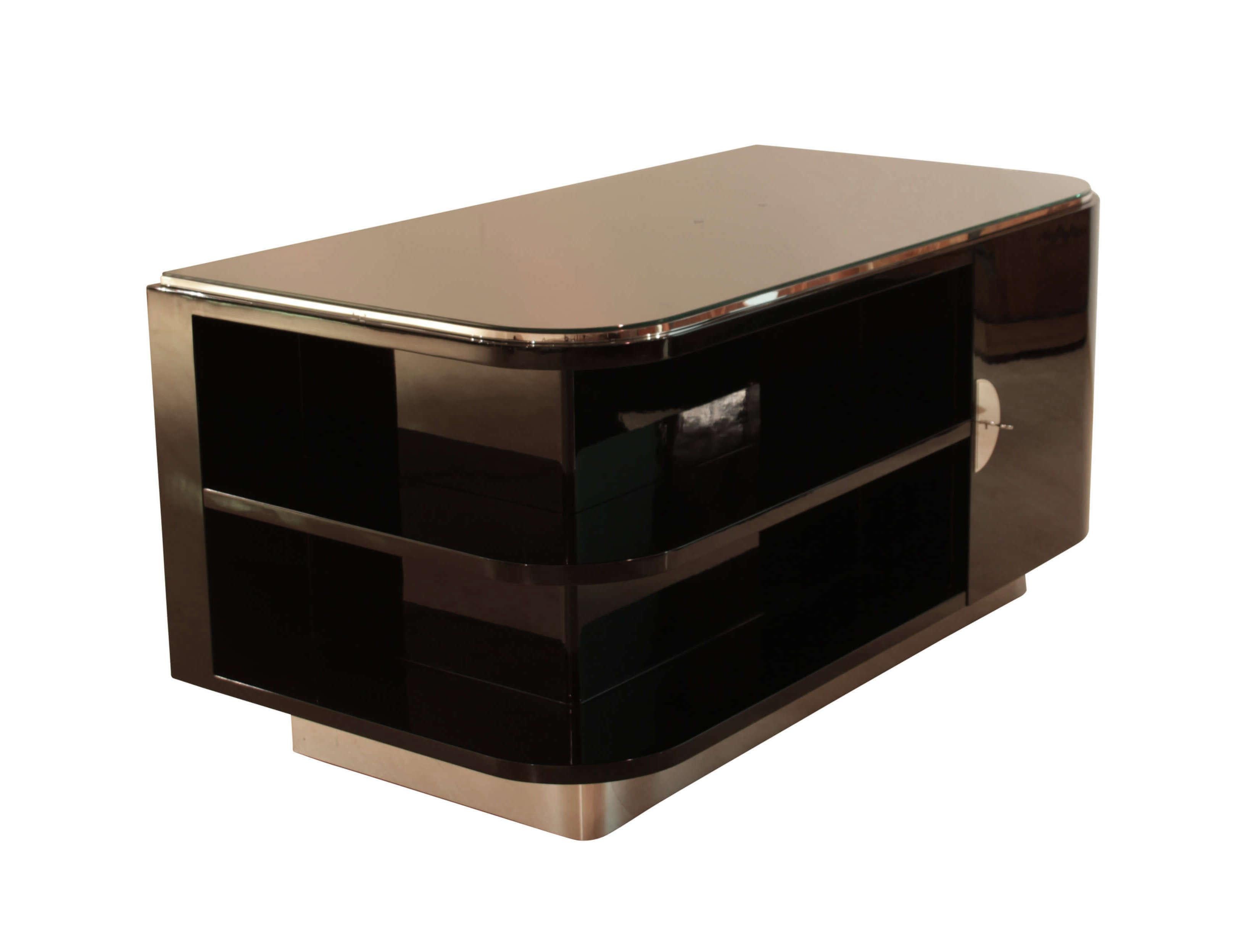 Polished Bauhaus Desk, Black Lacquer and Chrome, Germany, circa 1930