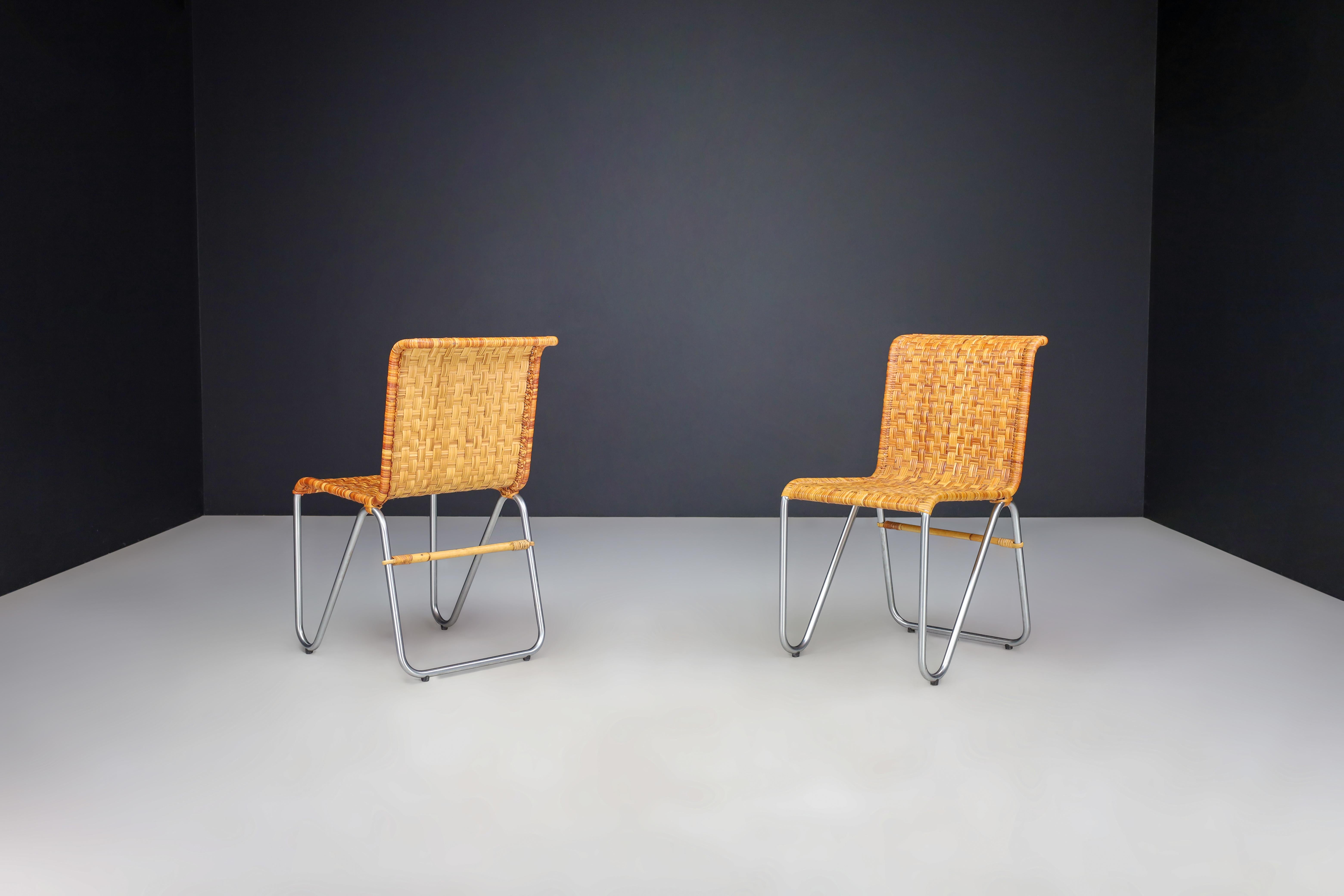 Rattan Bauhaus Diagonal Chairs by Willem Hendrik Gispen for Gispen, The Netherlands For Sale