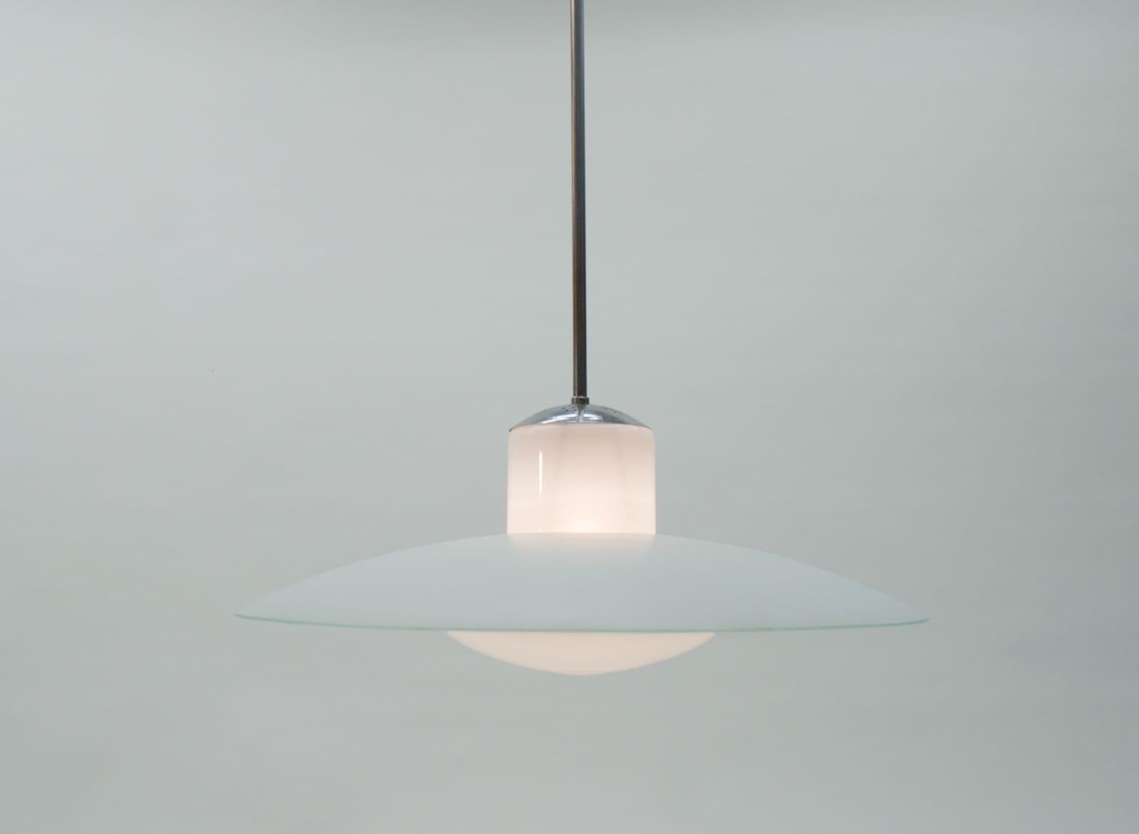 Bauhaus Double Opal and Frosted Glass Shade Ceiling Lamp from Doria, 1940s For Sale 6