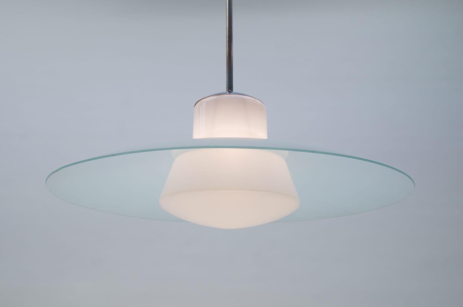 Opaline Glass Bauhaus Double Opal and Frosted Glass Shade Ceiling Lamp from Doria, 1940s For Sale