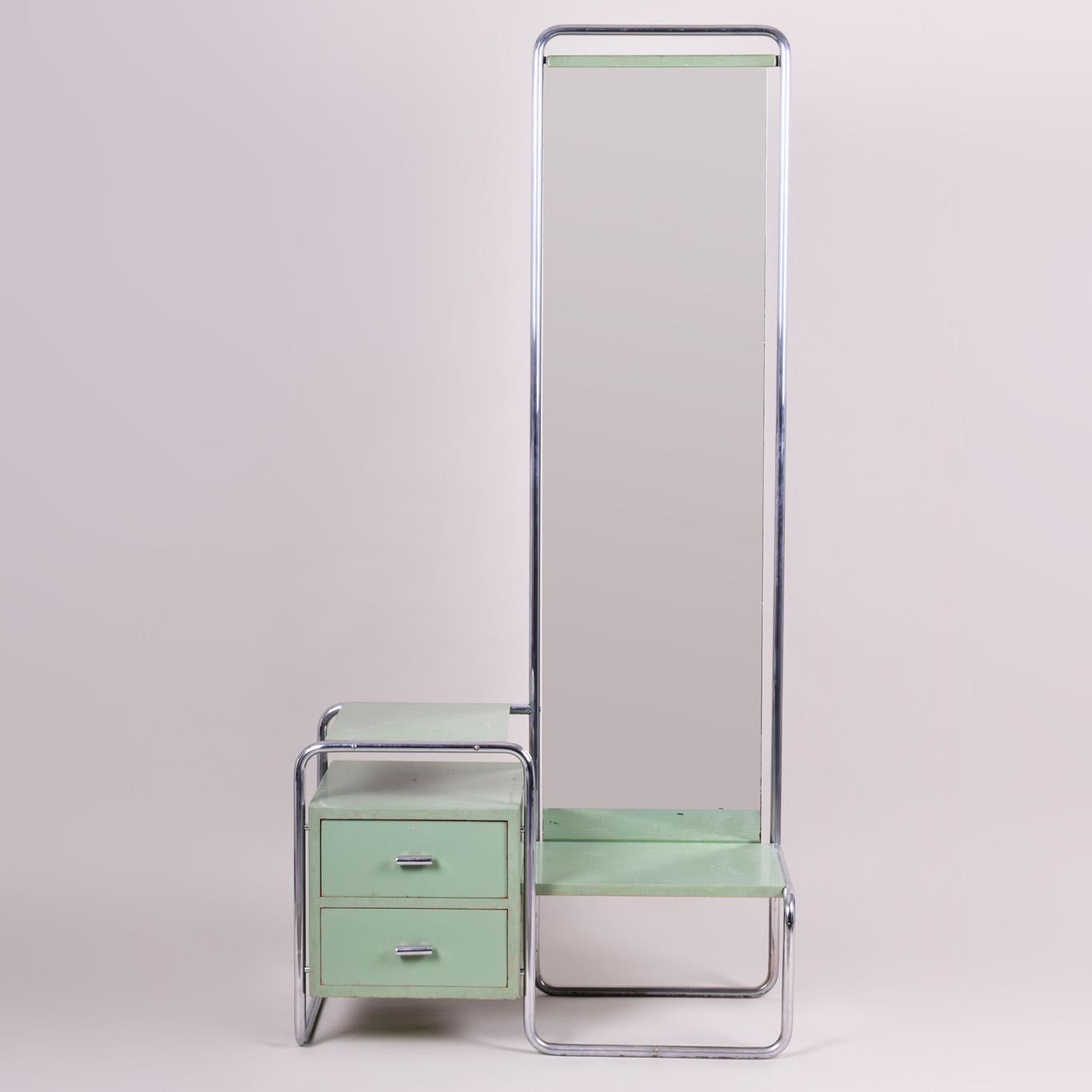 Green bauhaus dressing mirror made in Czechia in the 1930s. The mirror is completely original and has not been restored, it´s in pristine original condition.