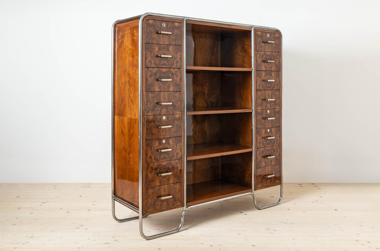 Italian Bauhaus Era Bookcase, Tubular Steel Base, Walnut Veneer, 1930s For Sale