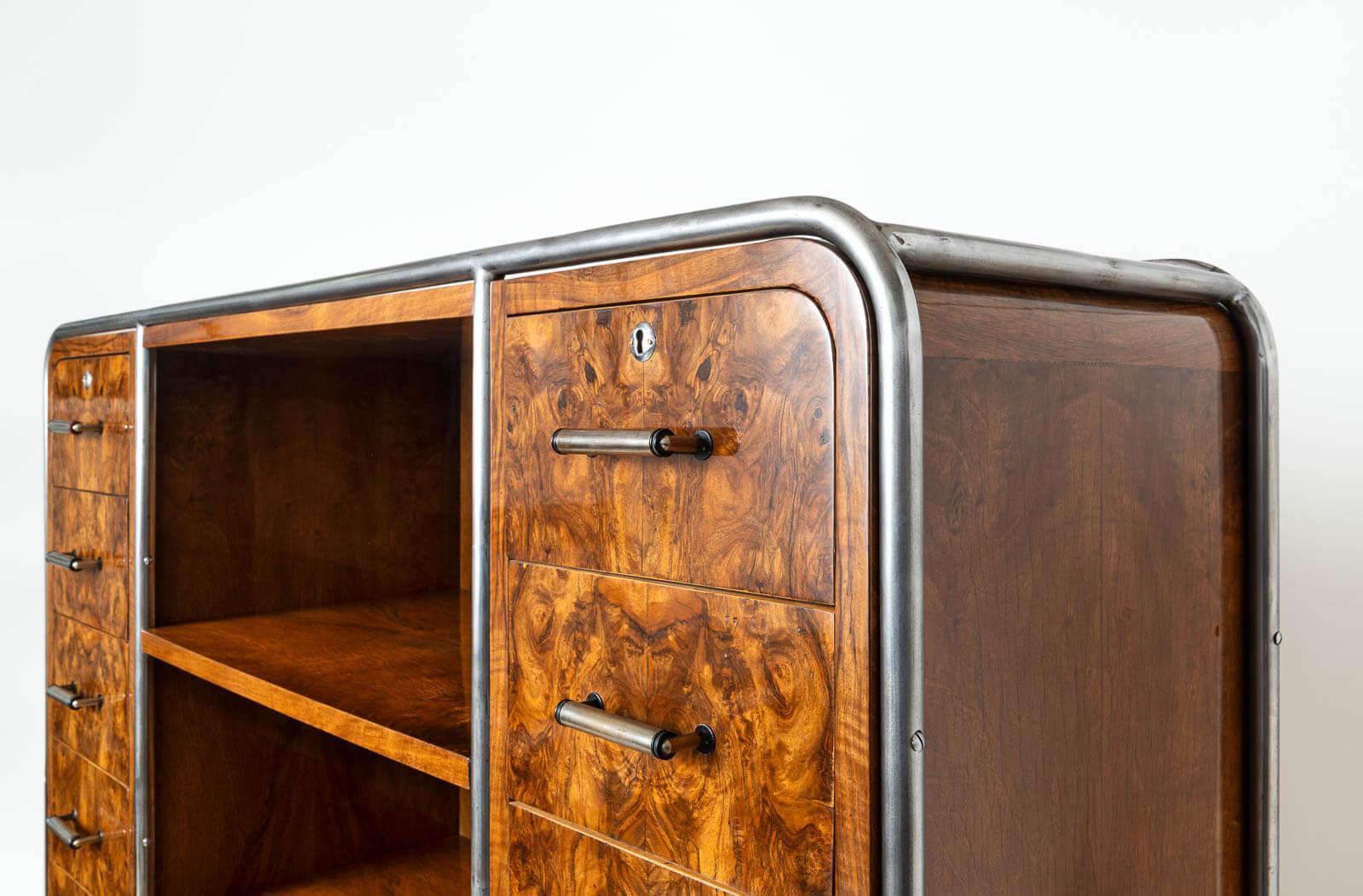 Mid-20th Century Bauhaus Era Bookcase, Tubular Steel Base, Walnut Veneer, 1930s For Sale