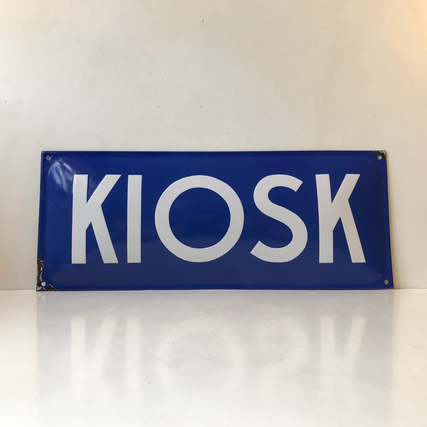 Slightly concave old enamel sign from a Kiosk (small shop with tobacco, newspapers, beverages, sweets etc). Very clean design and Bauhaus typical simple typography. It has spend its life in Copenhagen outside a small Kiosk in Nørrebrogade that