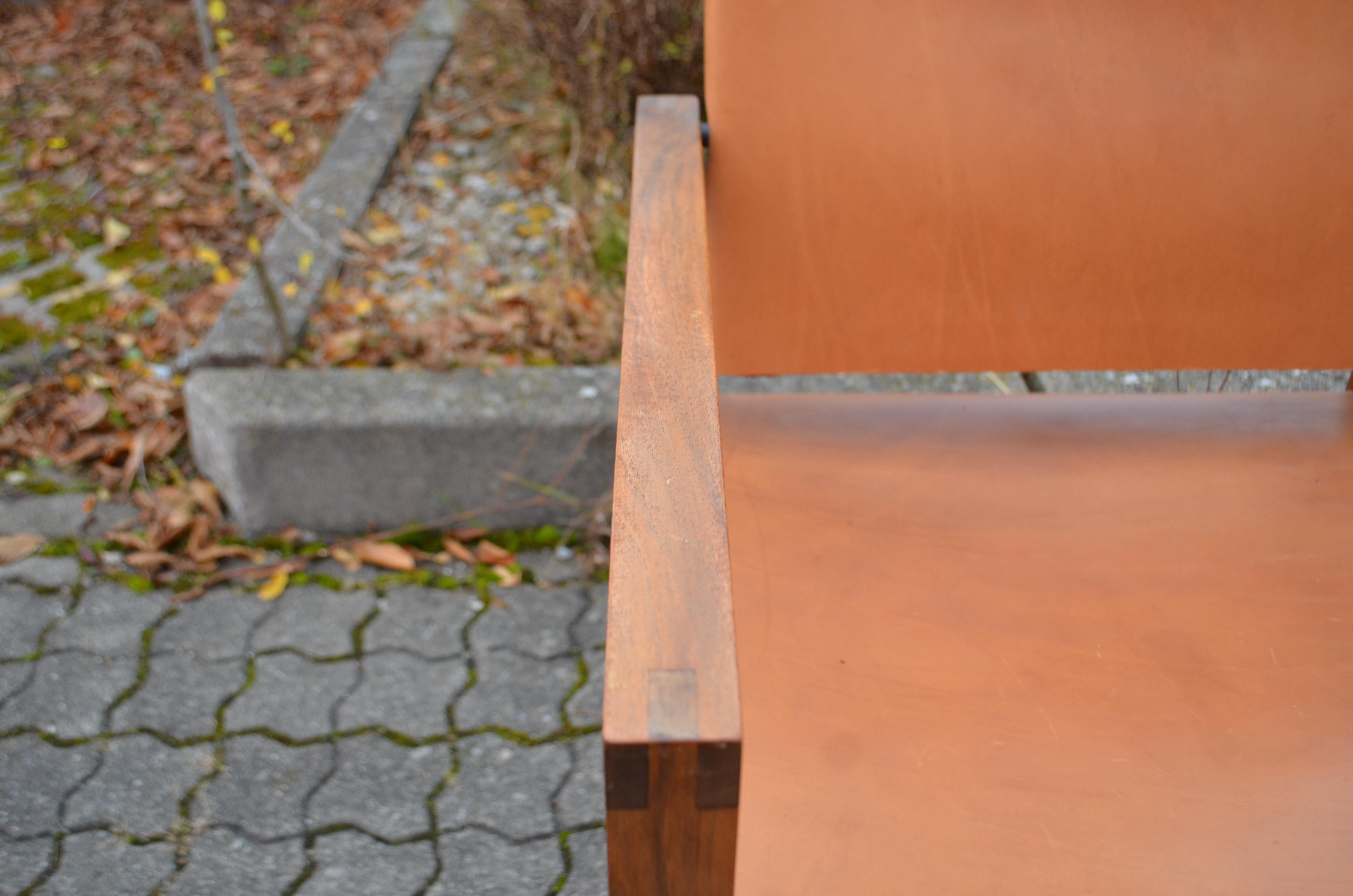 Lacquered Bauhaus Era Minimalist Modernist Cognac Saddle Leather Lounge Chair Armchair For Sale