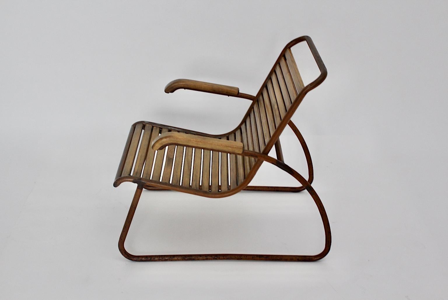 Bauhaus Era Vintage Beech Metal Lounge Chair or Armchair circa 1920 Germany For Sale 8